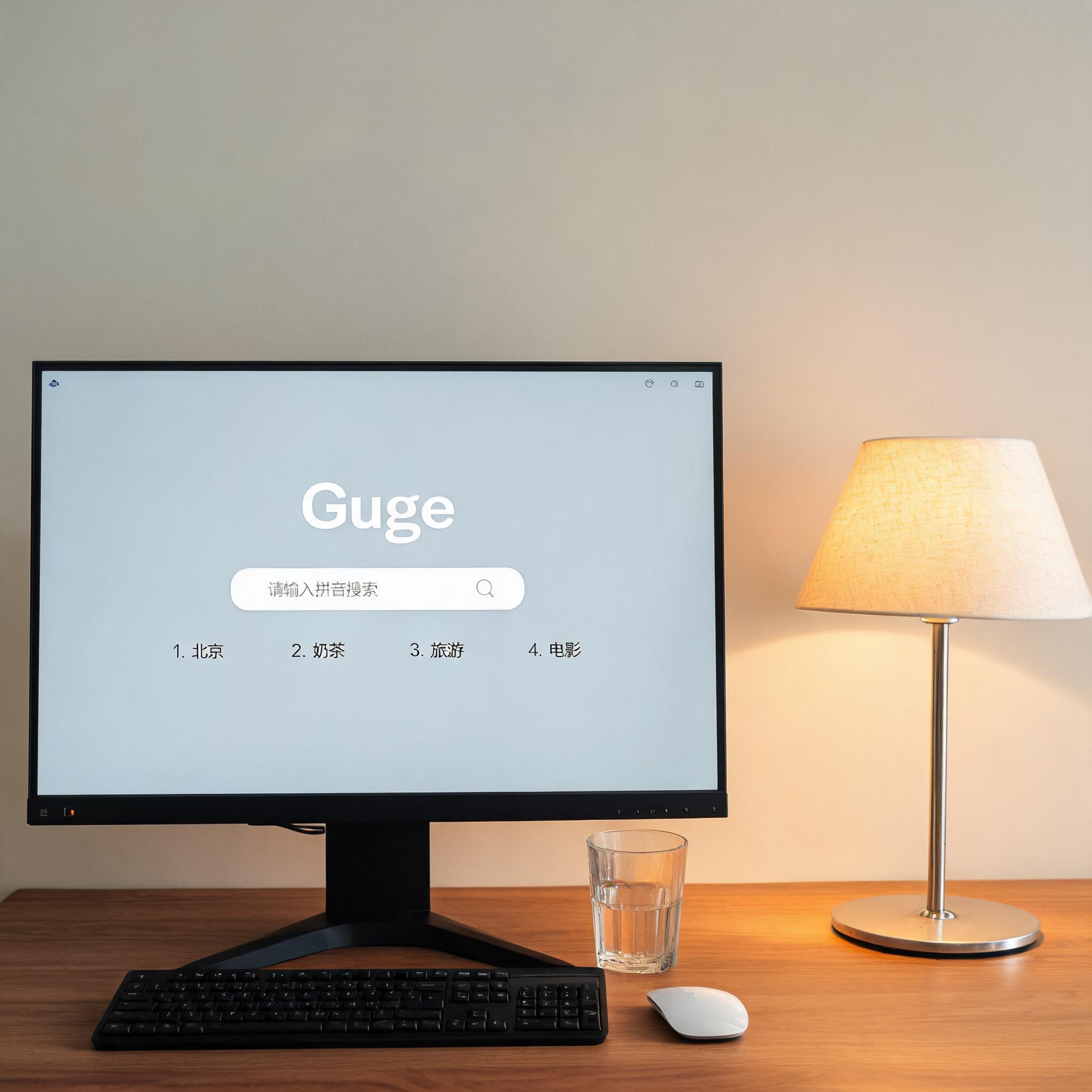 电脑桌上的电脑，屏幕显示Guge拼音搜索类界面，旁边放着台灯
