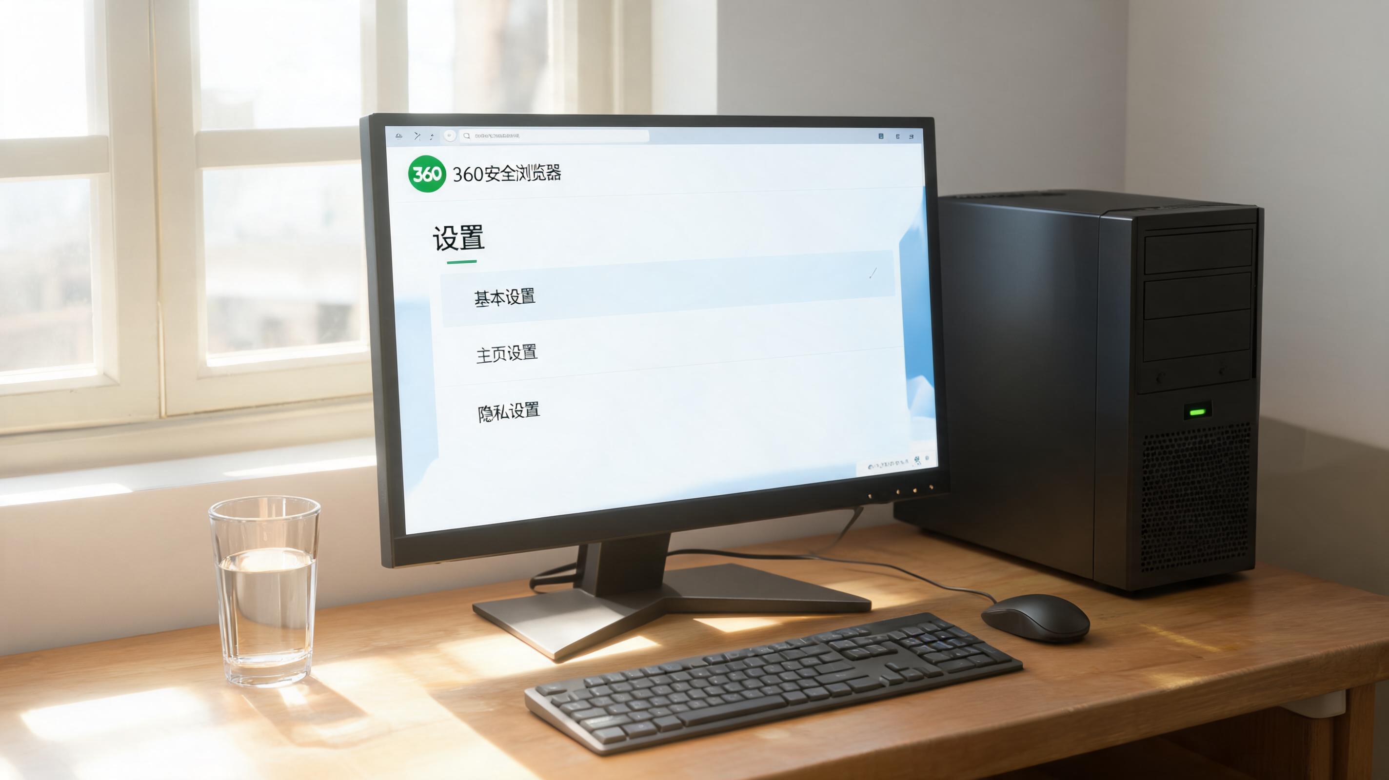 书桌上的主机，屏幕显示360 安全浏览器电脑版设置界面，桌角放着水杯，自然光