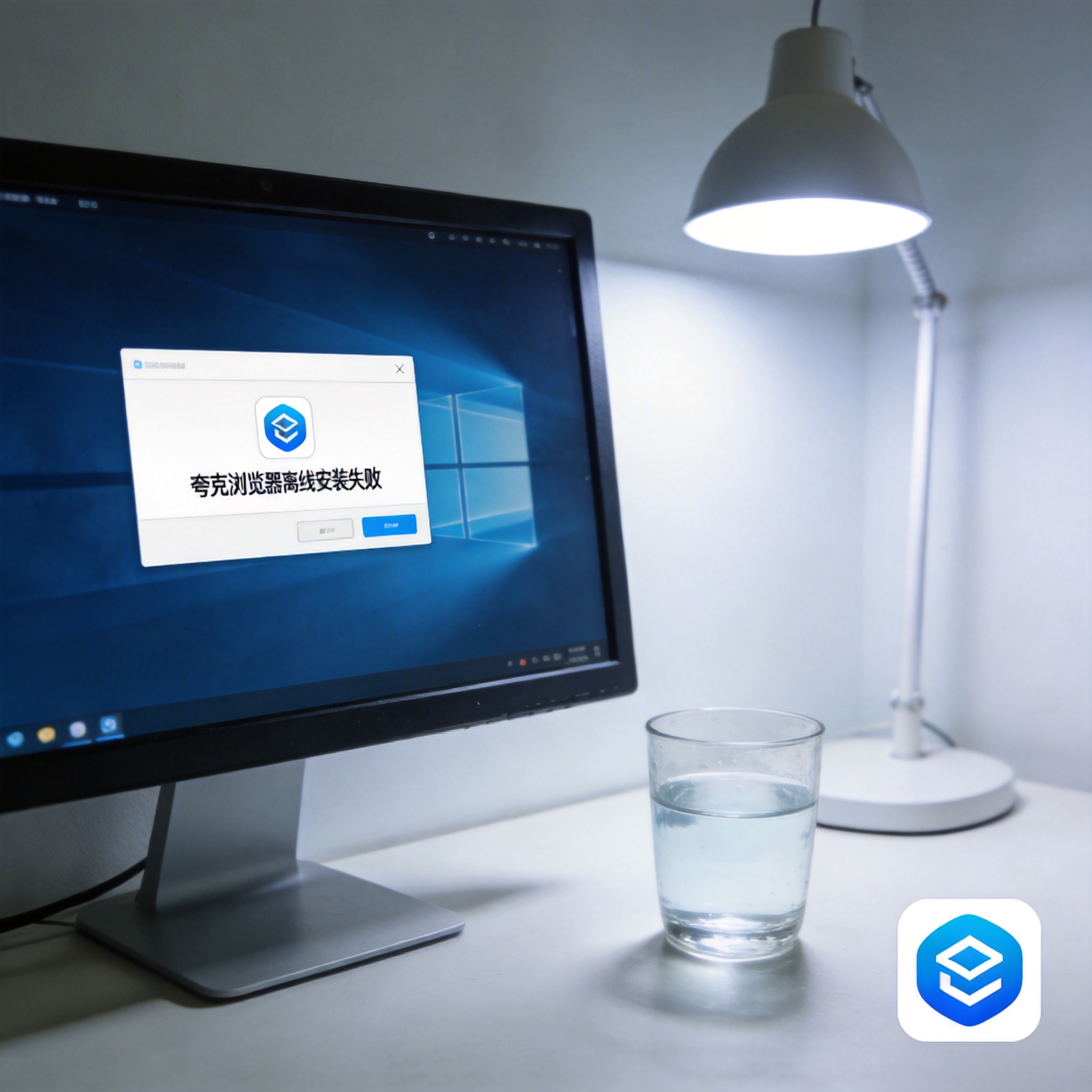 电脑屏幕显示夸克浏览器离线安装失败的错误提示弹窗，桌面右下角有安全软件图标，旁边摆着半杯温水，台灯冷光