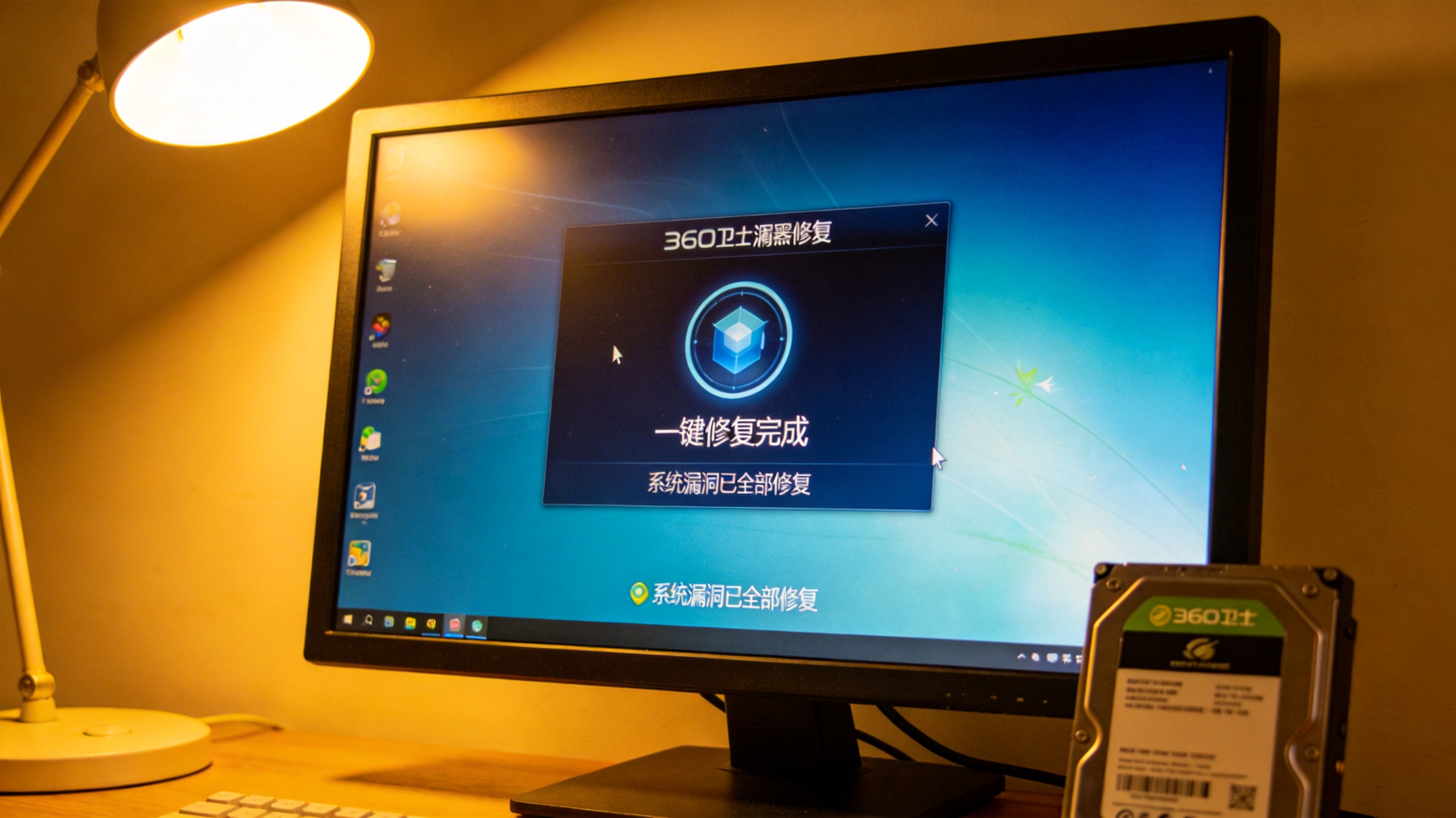 电脑屏幕显示360卫士漏洞修复的一键修复完成界面，标注系统漏洞已全部修复，桌面角落有硬盘，台灯暖光