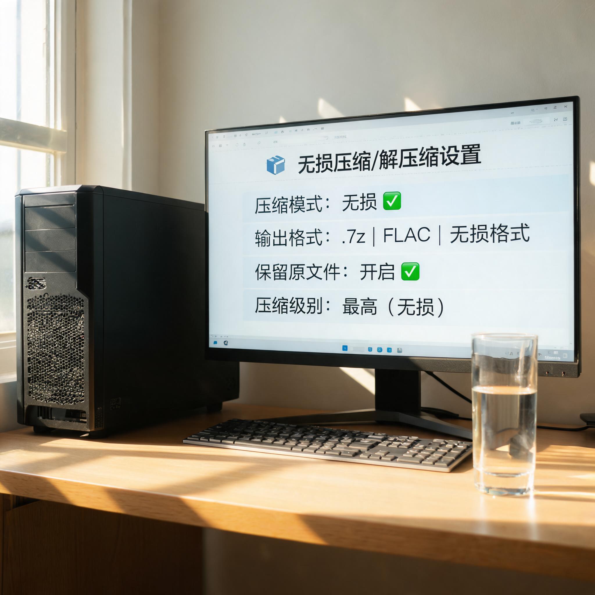 书桌上的主机，屏幕显示无损文件压缩解压缩设置界面，桌角放着水杯，自然光