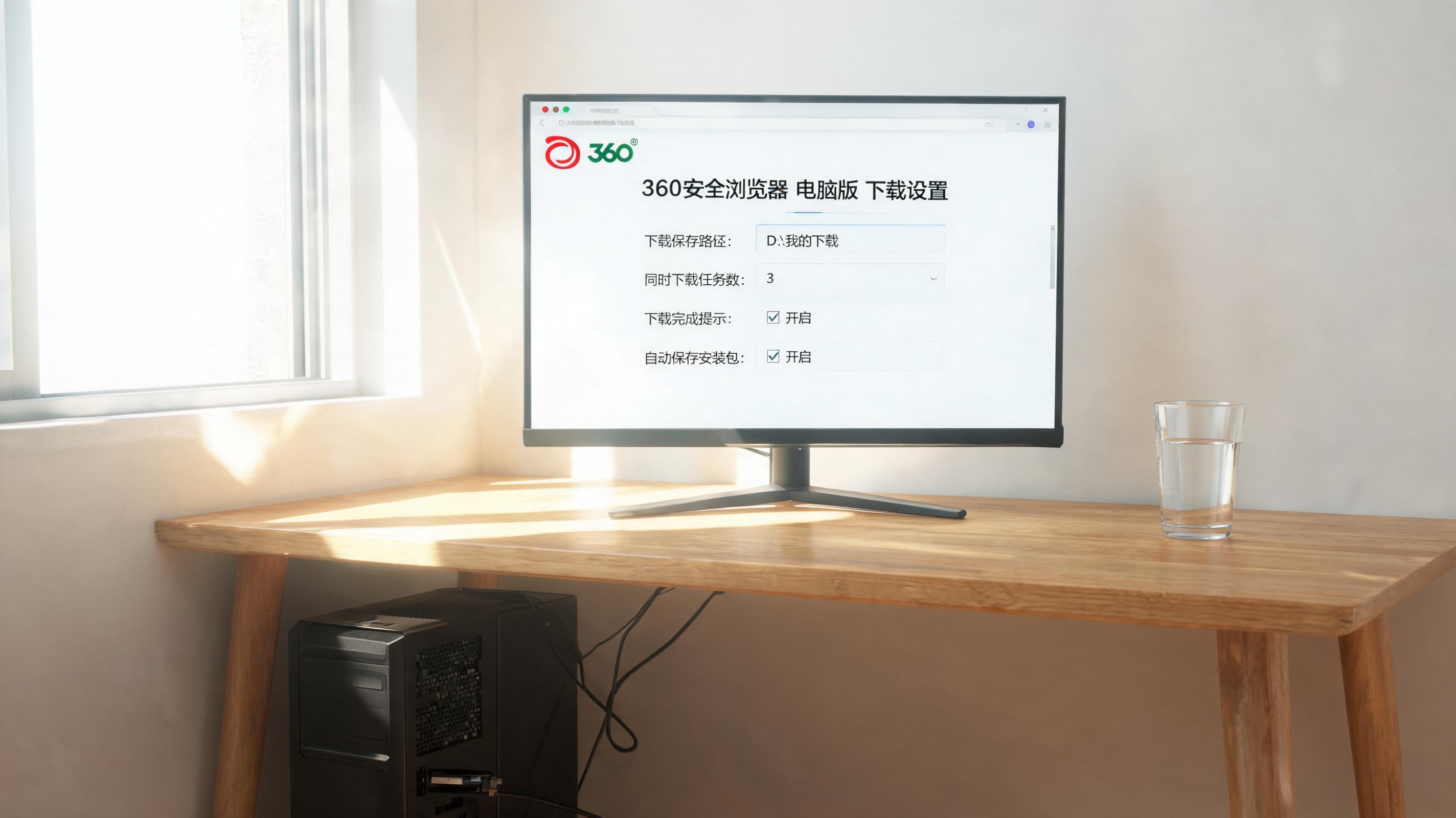 书桌上的主机，屏幕显示360 安全浏览器电脑版下载设置界面，桌角放着水杯，自然光