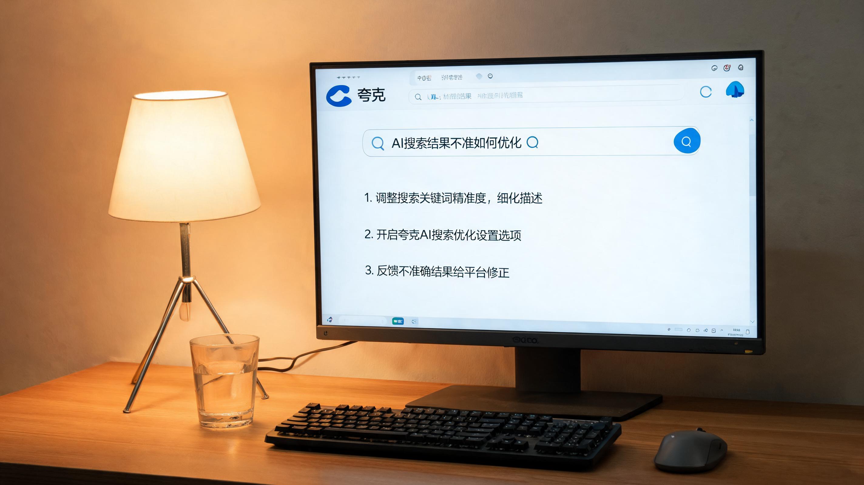 电脑桌上的电脑，屏幕显示夸克浏览器 AI 搜索结果不准如何优化界面，旁边放着台灯