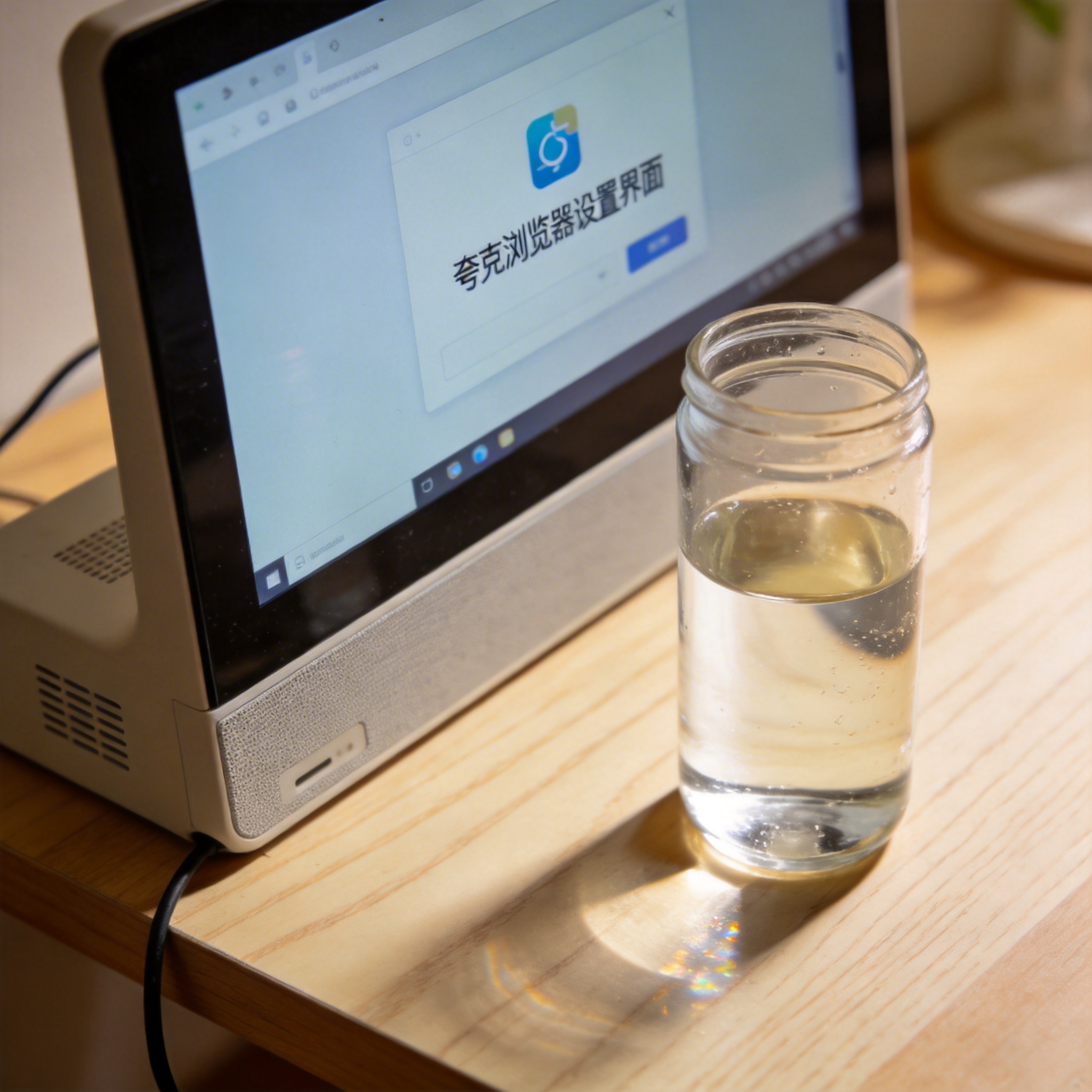 书桌上的主机，屏幕显示夸克浏览器设置界面，桌角放着水杯，自然光