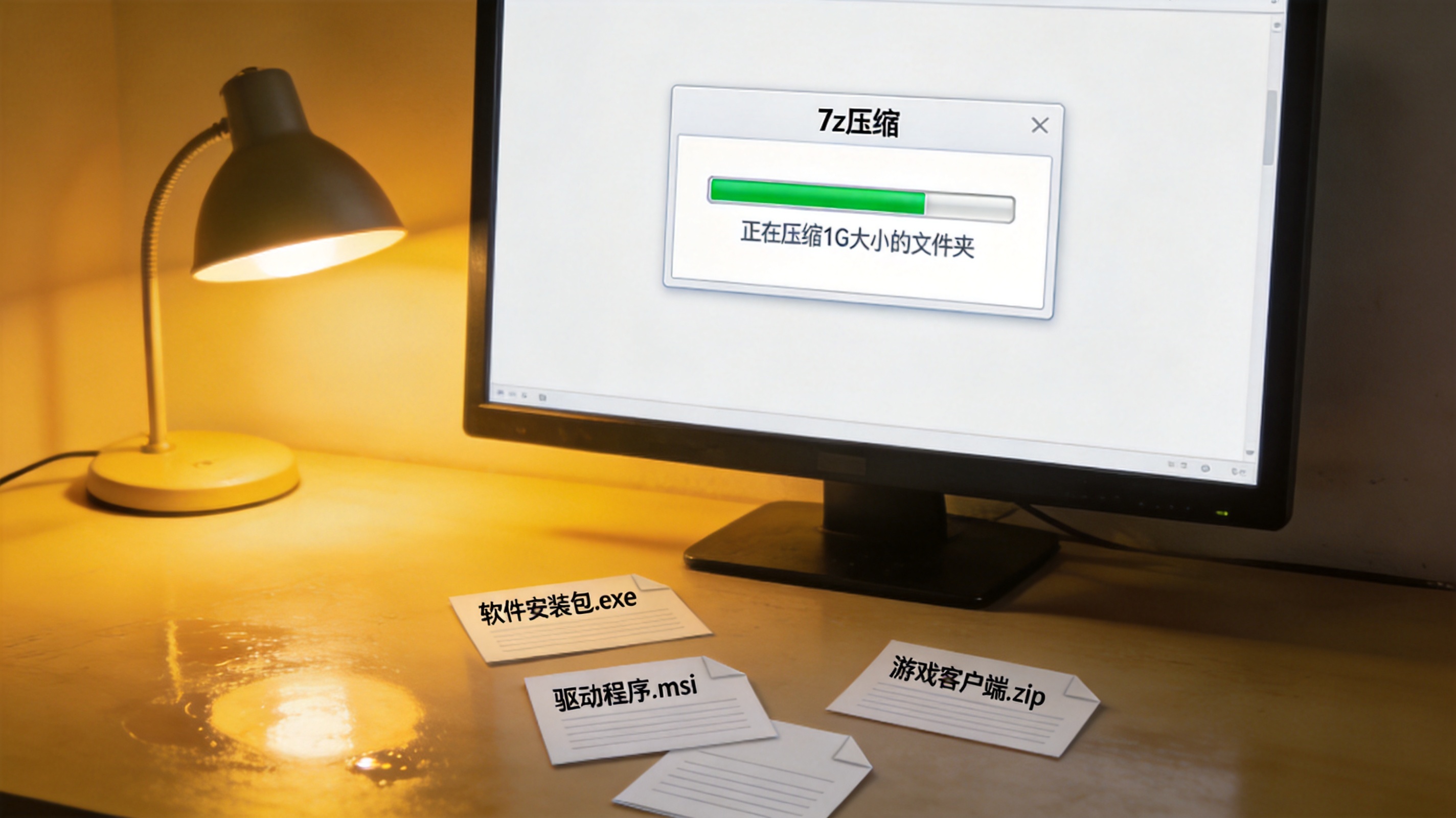 电脑屏幕显示7z压缩进度窗口，正在压缩1G大小的文件夹，桌面散落着几个安装包文件，台灯光线