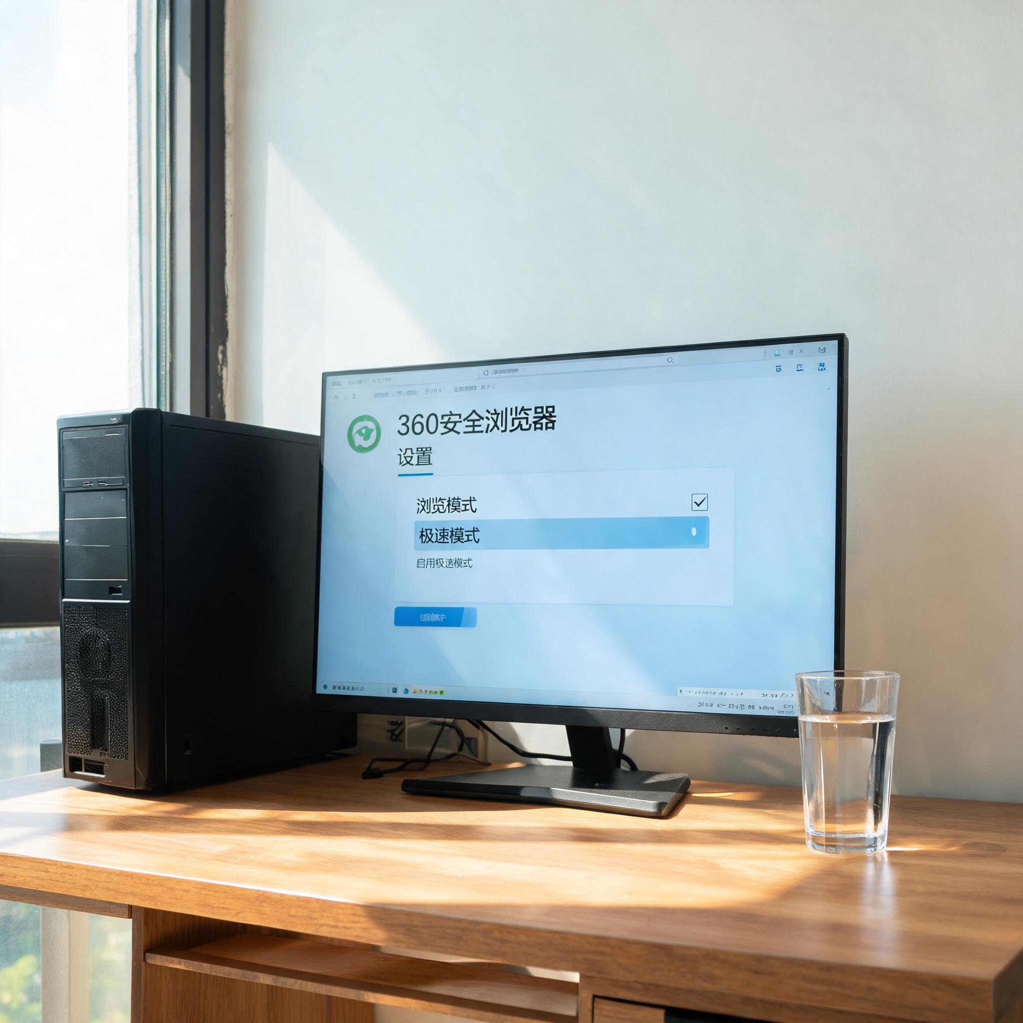 书桌上的主机，屏幕显示360 安全浏览器极速模式设置界面，桌角放着水杯，自然光