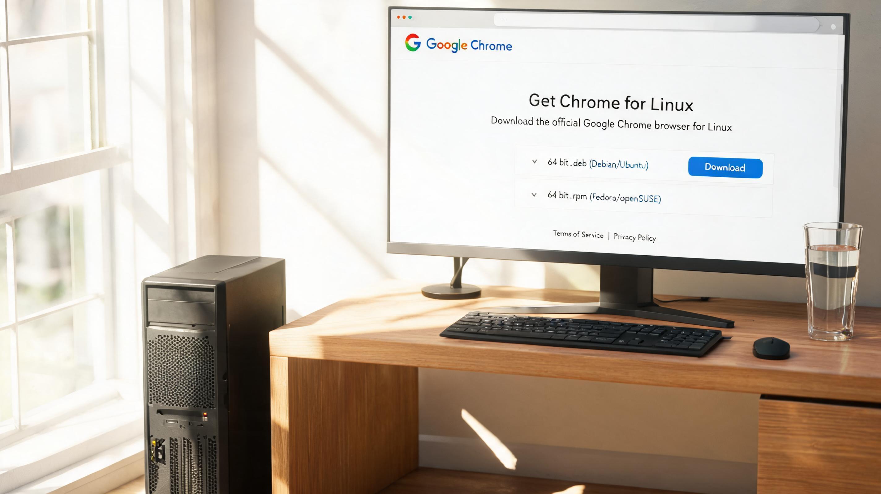 书桌上的主机，屏幕显示chrome linux版官网安装包下载设置界面，桌角放着水杯，自然光