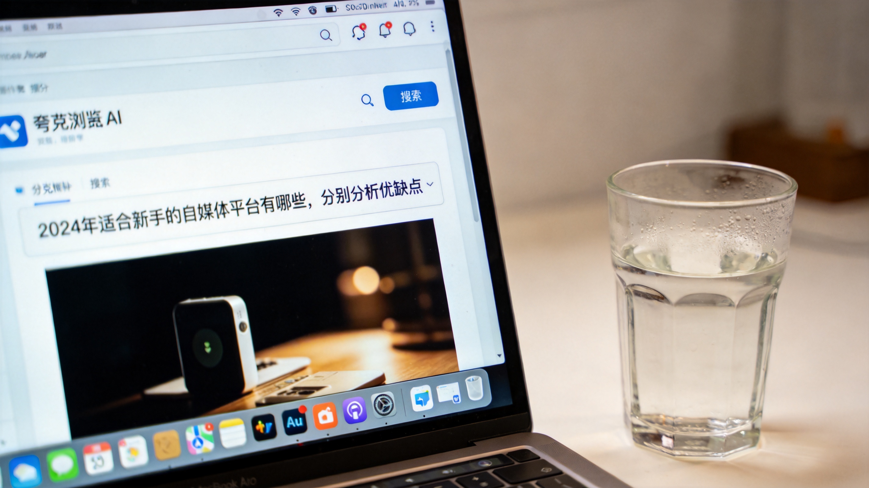 电脑桌面，屏幕显示夸克浏览器AI搜索界面，搜索框内输入“2024年适合新手的自媒体平台有哪些，分别分析优缺点”，桌面放着半杯温水，室内自然光