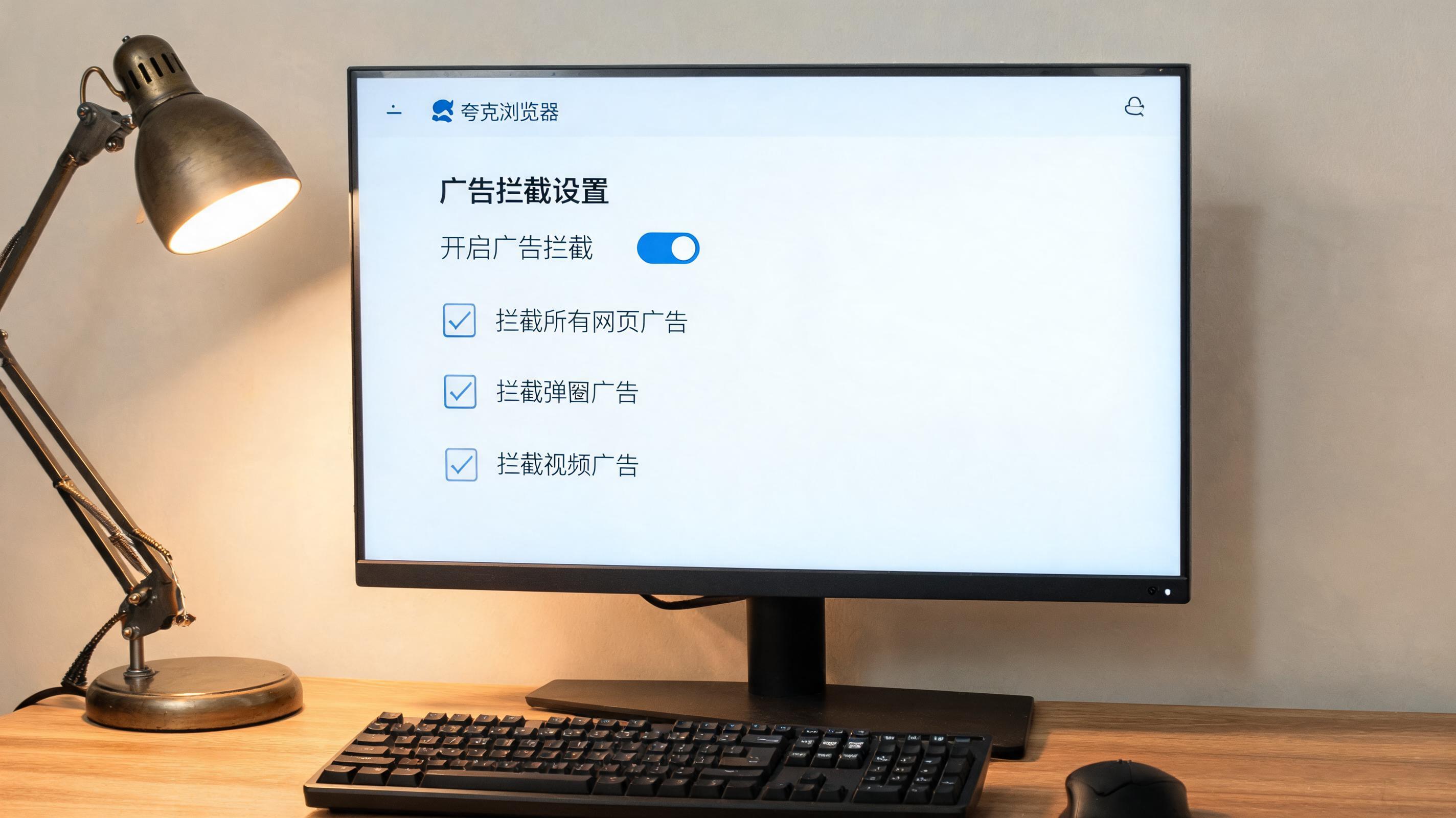 电脑桌上的电脑，屏幕显示夸克浏览器广告拦截设置界面，旁边放着台灯