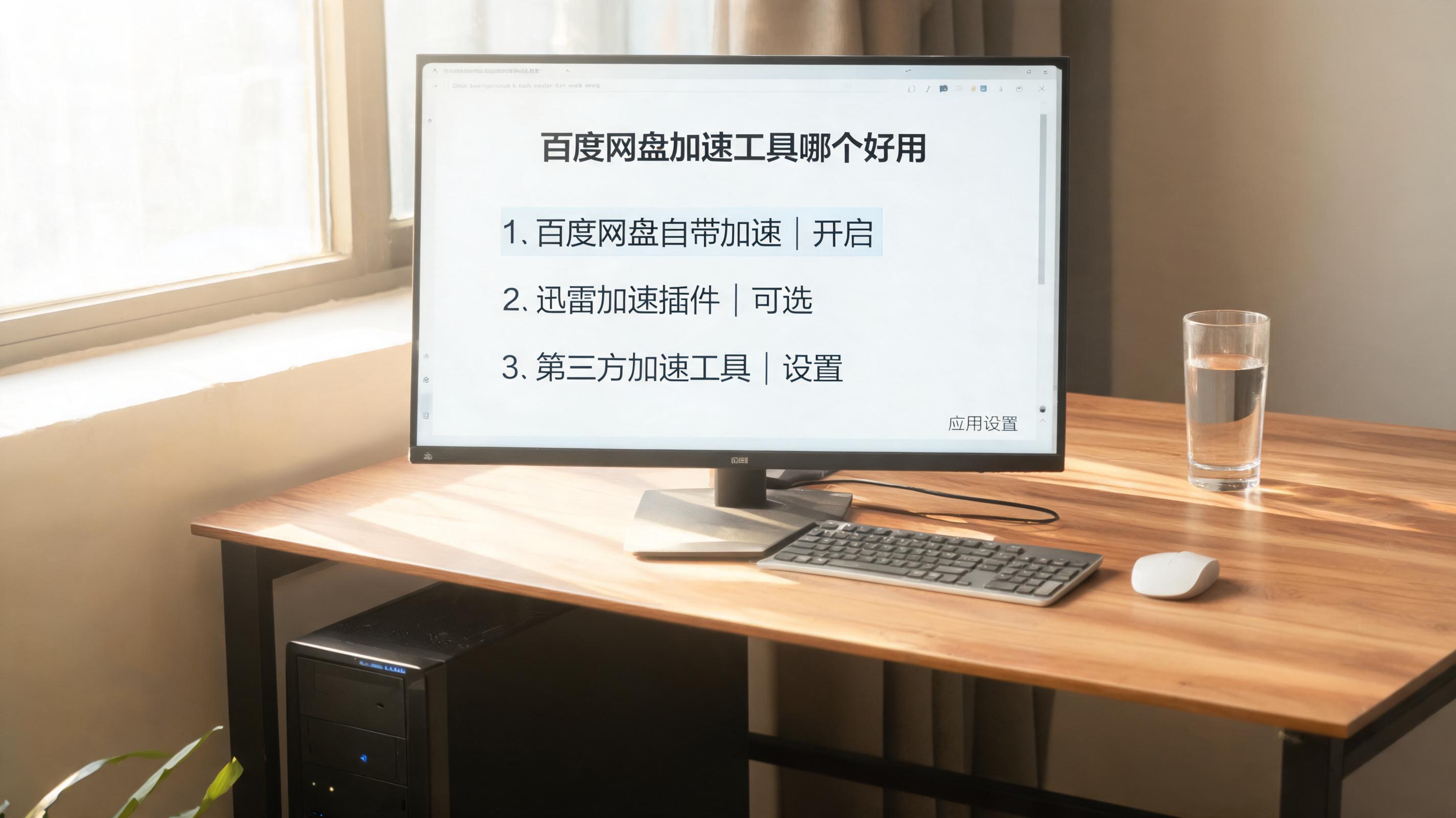 书桌上的主机，屏幕显示百度网盘加速工具哪个好用设置界面，桌角放着水杯，自然光