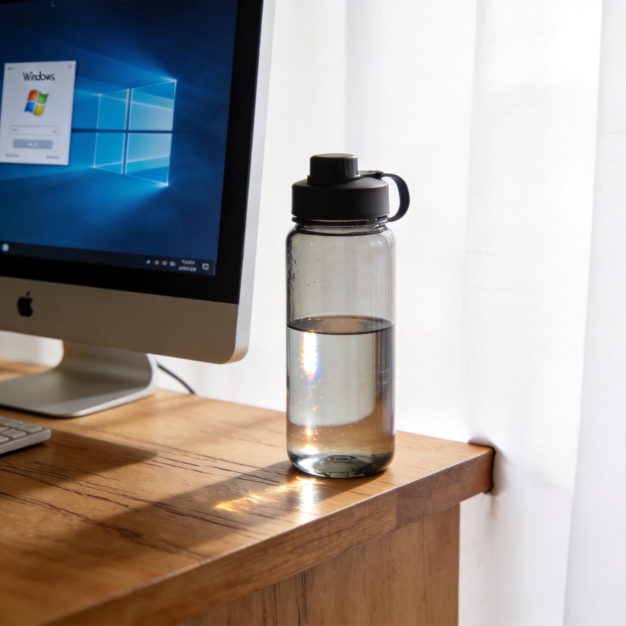 书桌上的电脑，屏幕显示Windows设置界面，桌角放着水杯，自然光