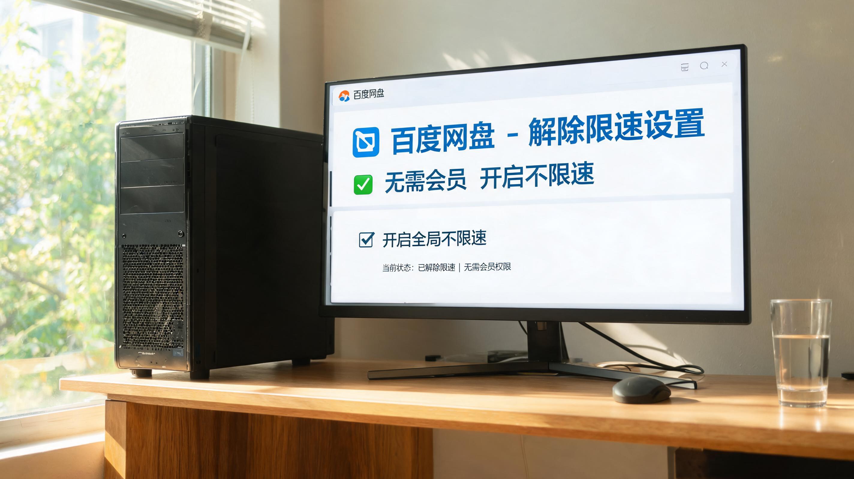书桌上的主机，屏幕显示百度网盘解除限速无需会员设置界面，桌角放着水杯，自然光