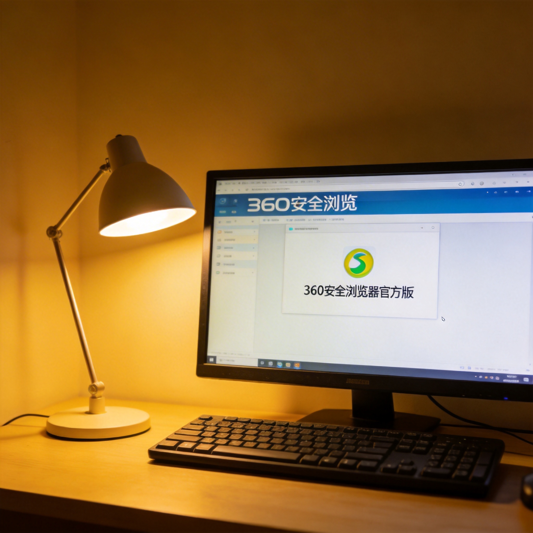 电脑桌上的电脑，屏幕显示360 安全浏览器官方版界面，旁边放着台灯