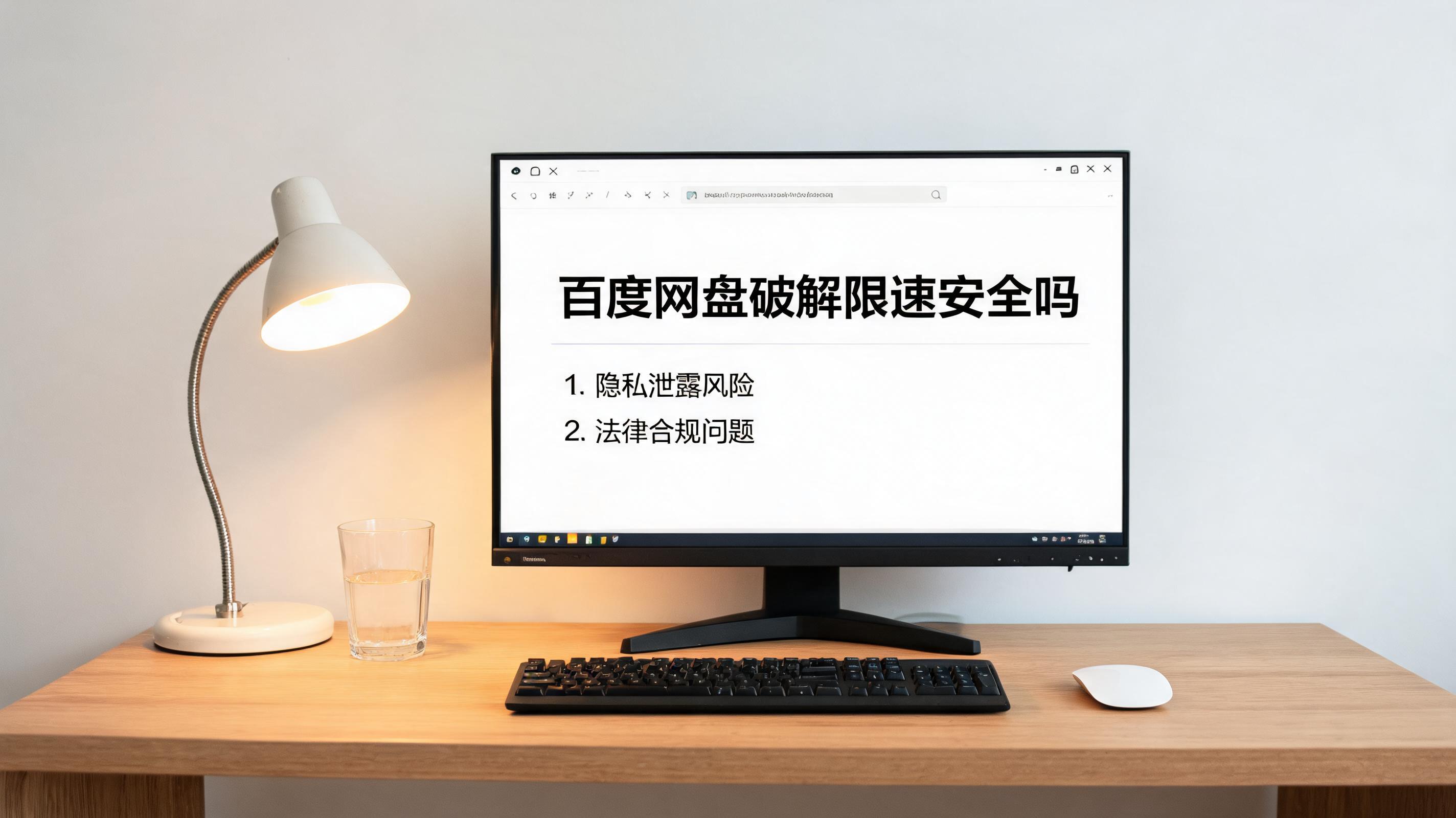 电脑桌上的电脑，屏幕显示百度网盘破解限速安全吗界面，旁边放着台灯