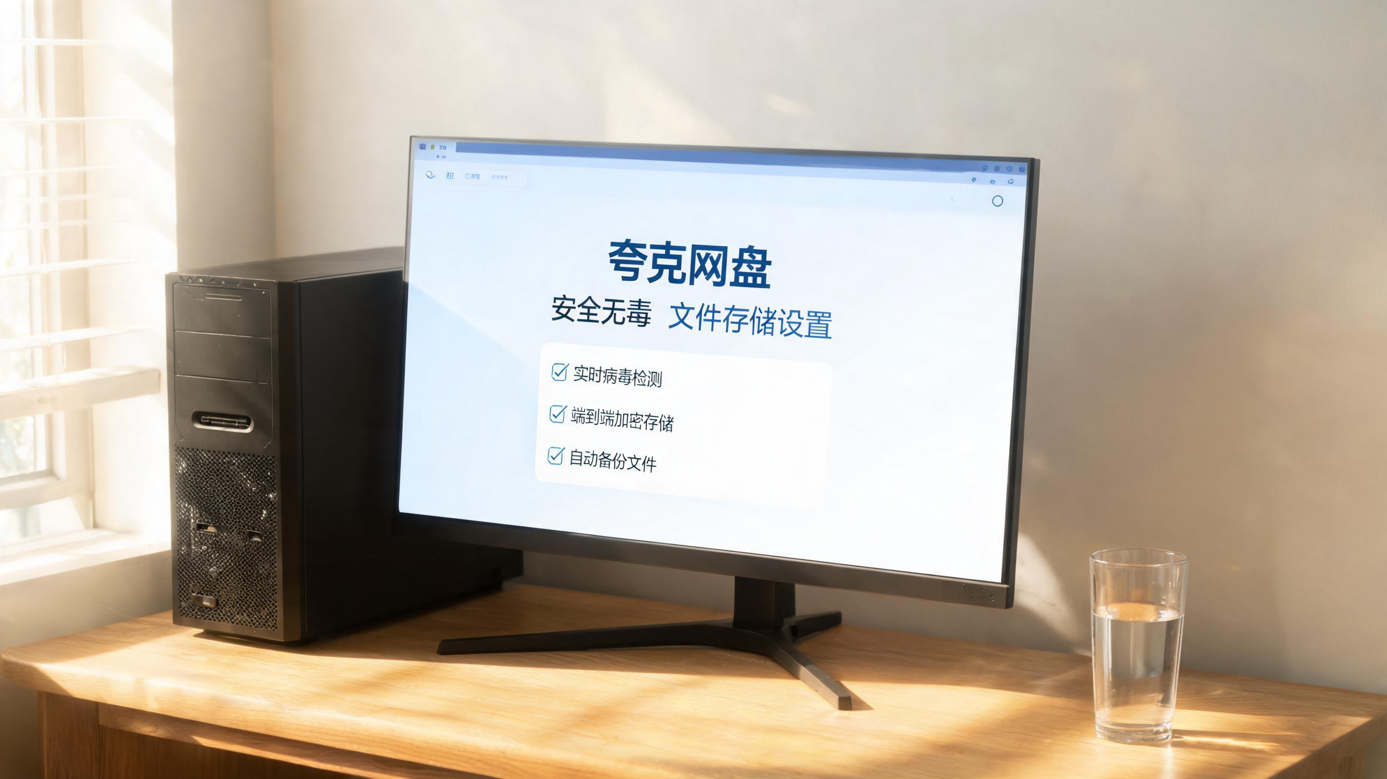 书桌上的主机，屏幕显示夸克网盘安全无毒文件存储设置界面，桌角放着水杯，自然光