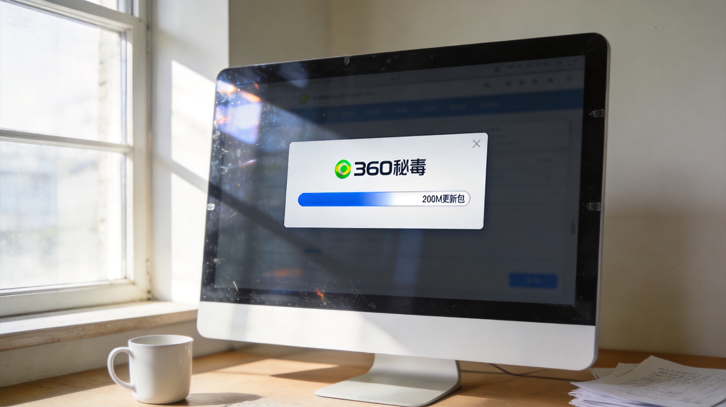 电脑桌面，屏幕显示360杀毒软件升级进度条，进度条旁标注200M更新包，室内自然光