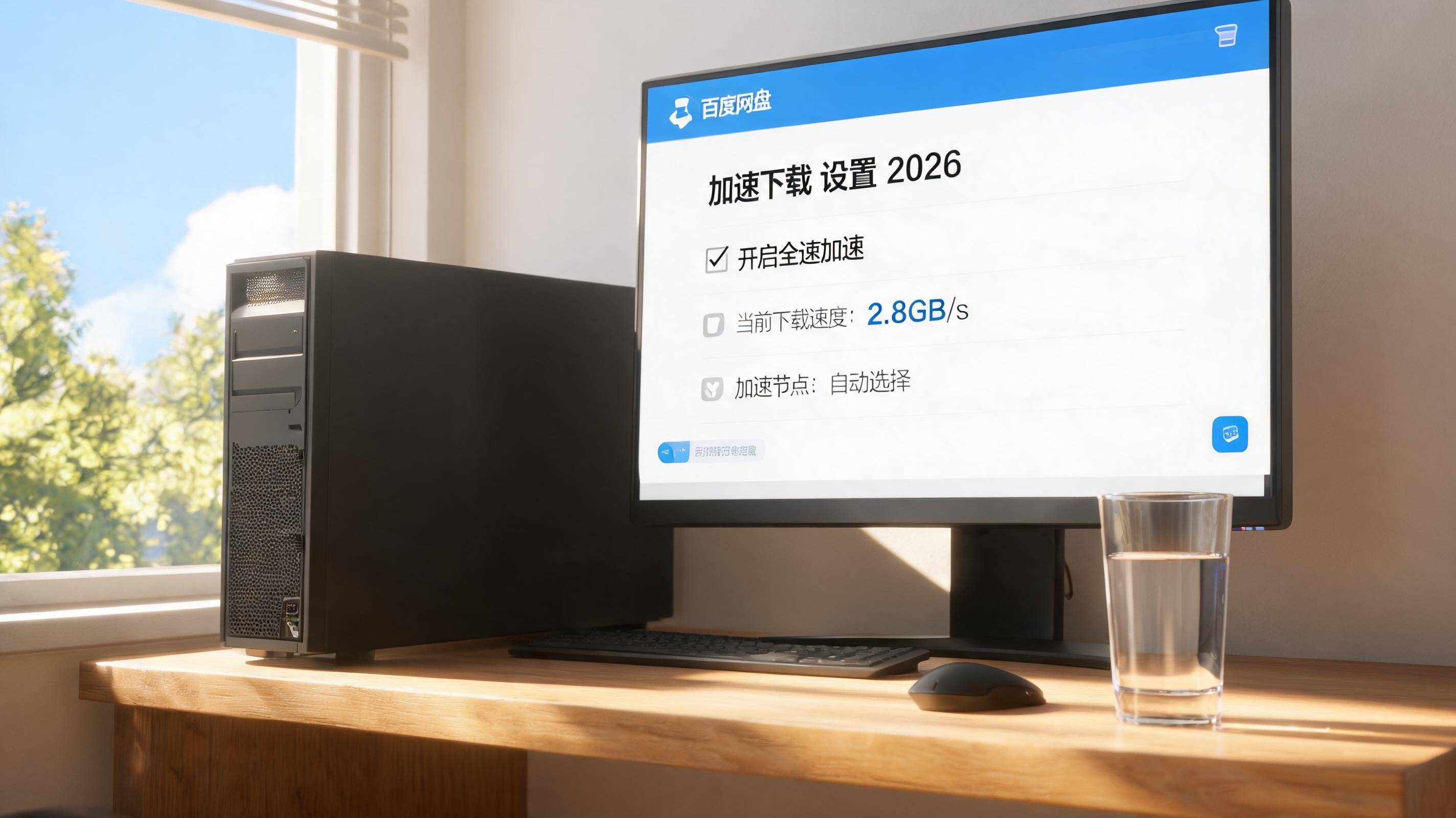 书桌上的主机，屏幕显示百度网盘加速下载 2026设置界面，桌角放着水杯，自然光
