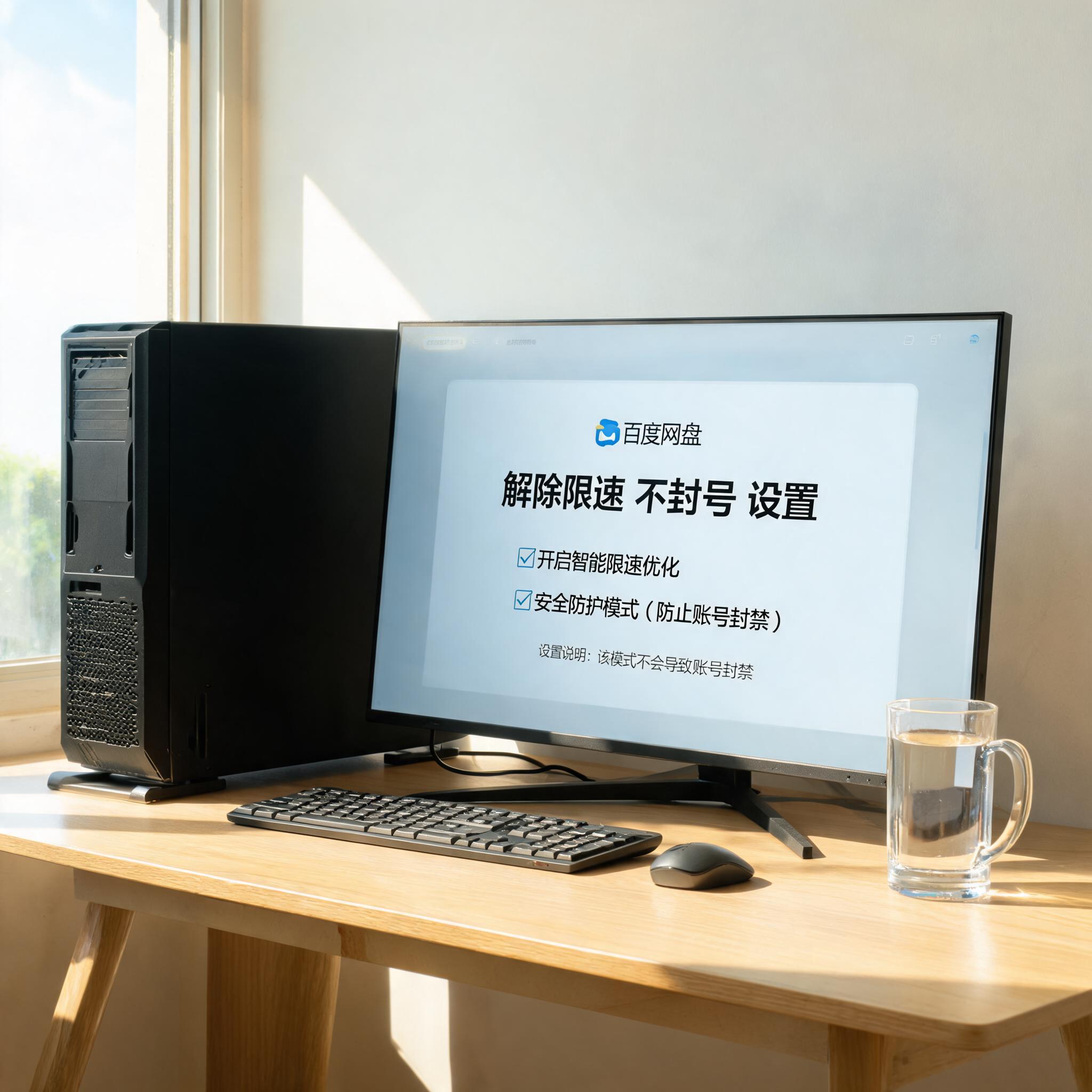 书桌上的主机，屏幕显示百度网盘解除限速不封号设置界面，桌角放着水杯，自然光
