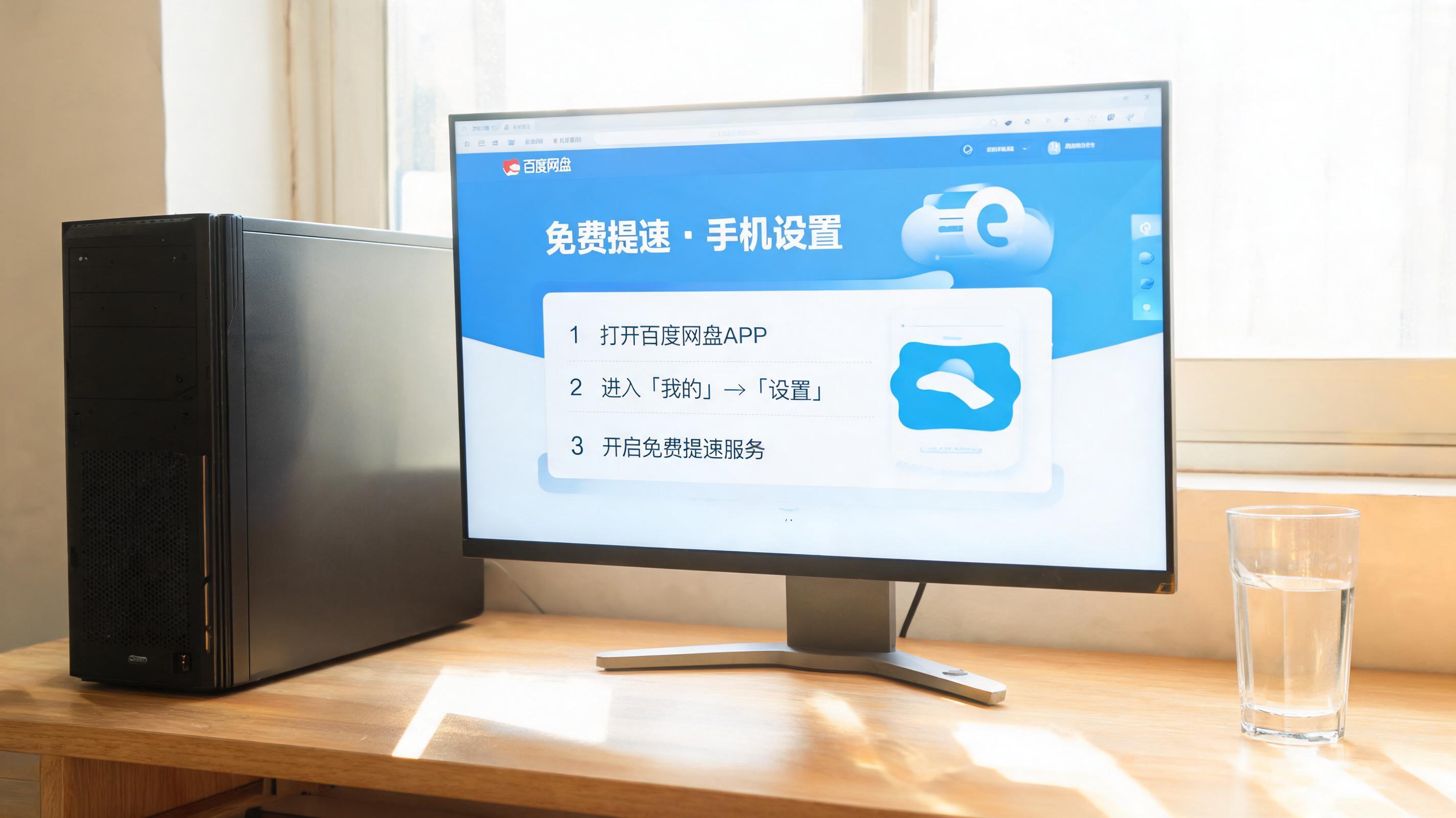 书桌上的主机，屏幕显示百度网盘免费提速手机设置界面，桌角放着水杯，自然光