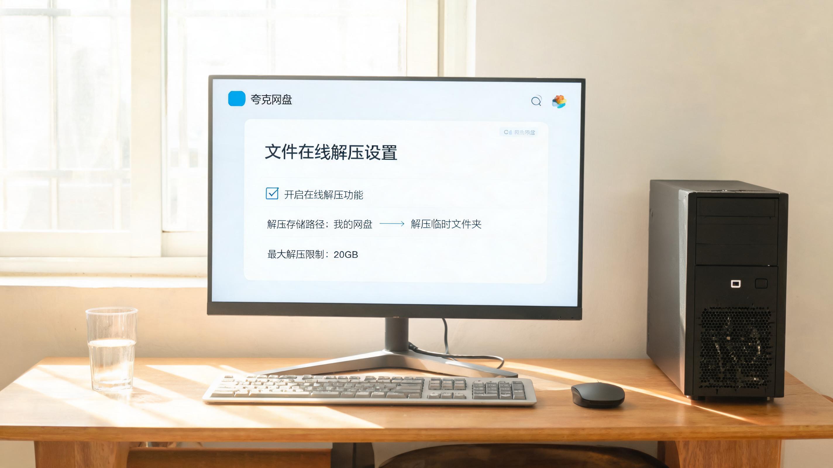 书桌上的主机，屏幕显示夸克网盘文件在线解压设置界面，桌角放着水杯，自然光