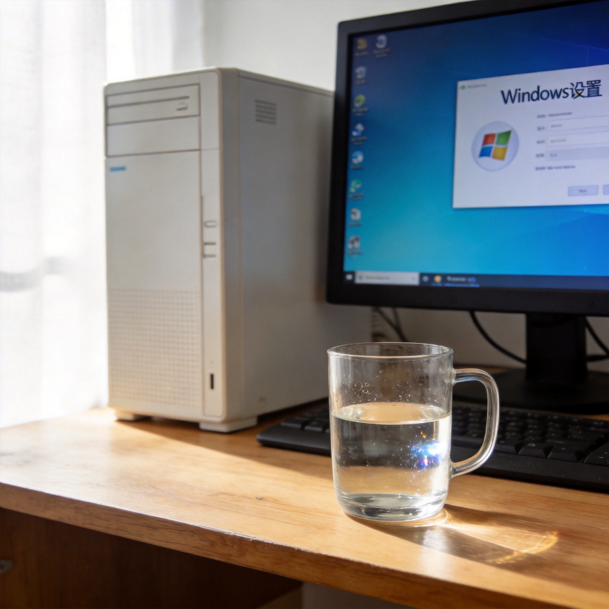 书桌上的主机，屏幕显示Windows设置界面，桌角放着水杯，自然光
