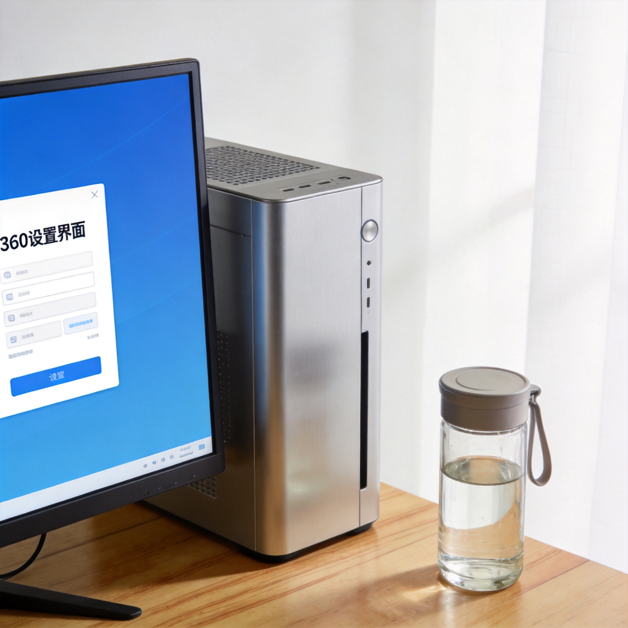 书桌上的主机，屏幕显示360设置界面，桌角放着水杯，自然光