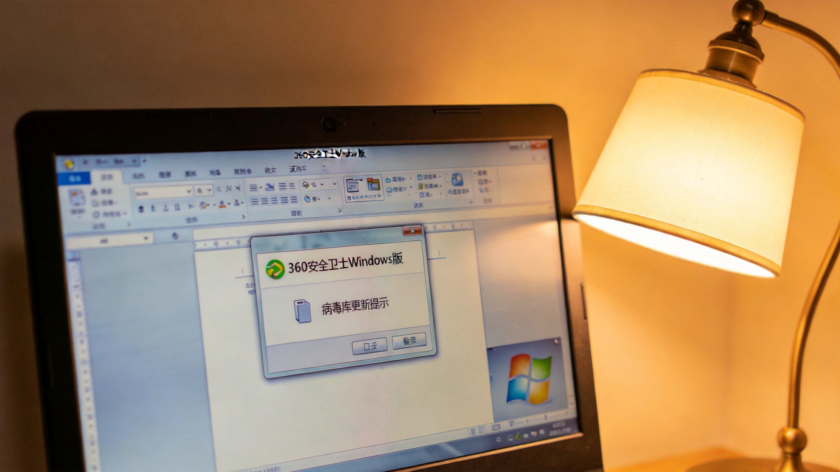 电脑屏幕显示360安全卫士Windows版的病毒库更新提示界面，桌面右下角有Windows系统图标，台灯暖光