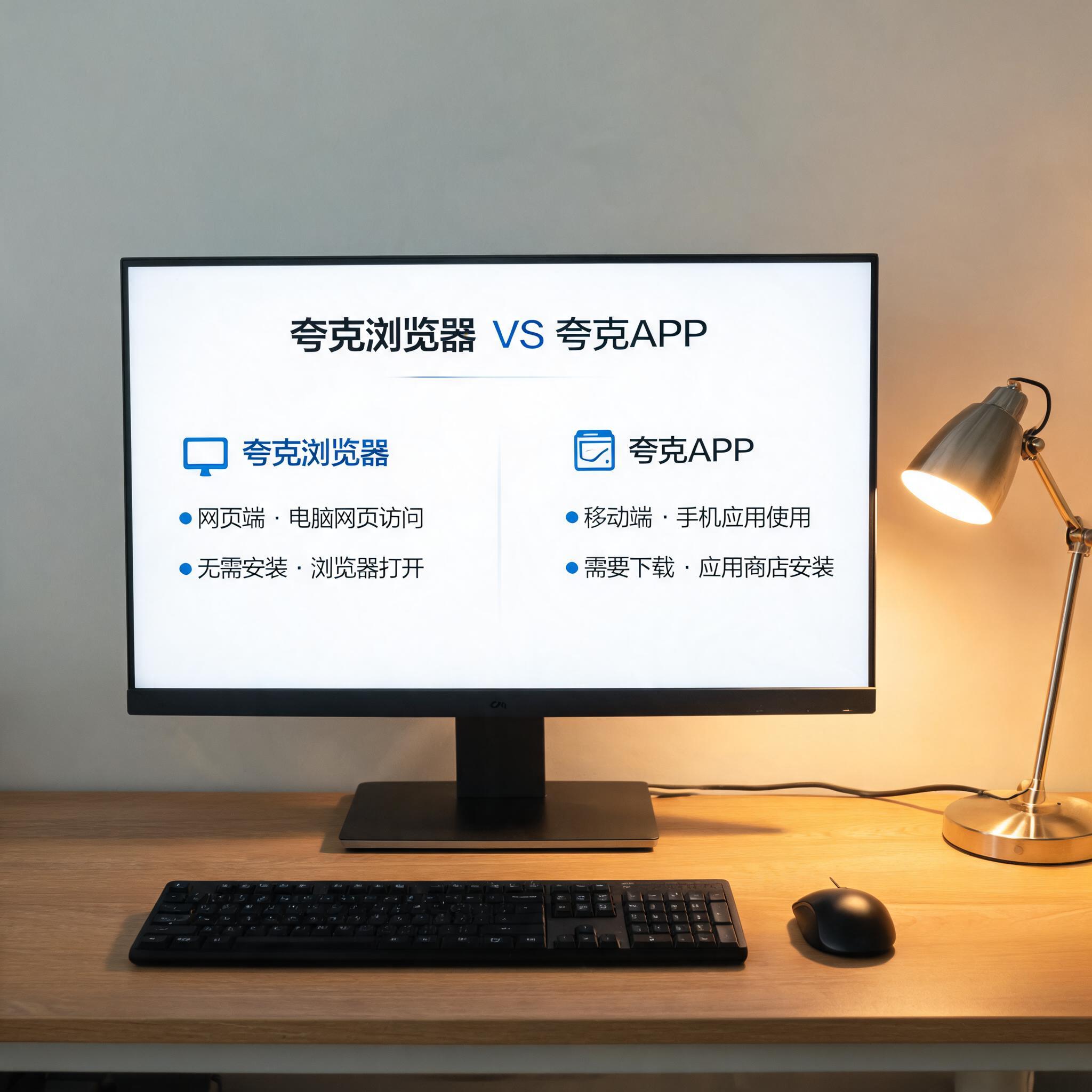 电脑桌上的电脑，屏幕显示夸克浏览器和夸克 APP 区别界面，旁边放着台灯