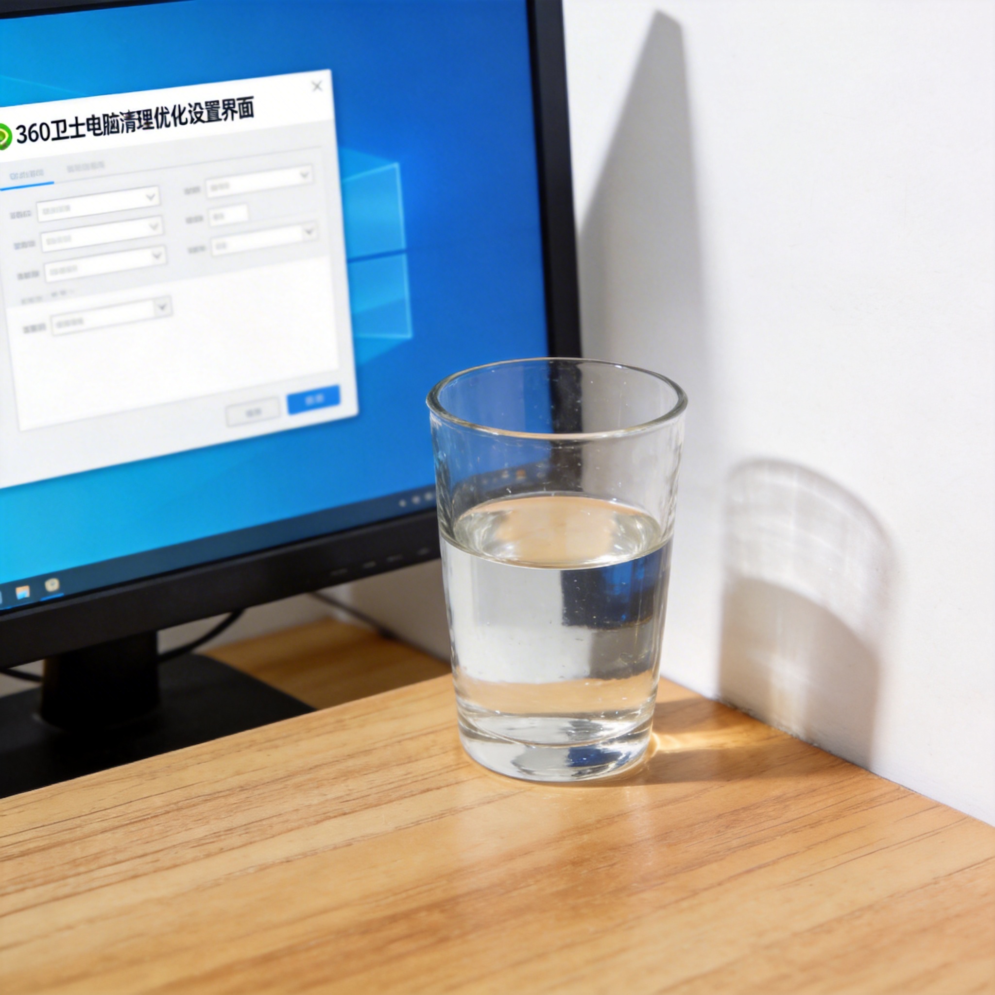 书桌上的电脑，屏幕显示360 卫士电脑清理优化设置界面，桌角放着水杯，自然光