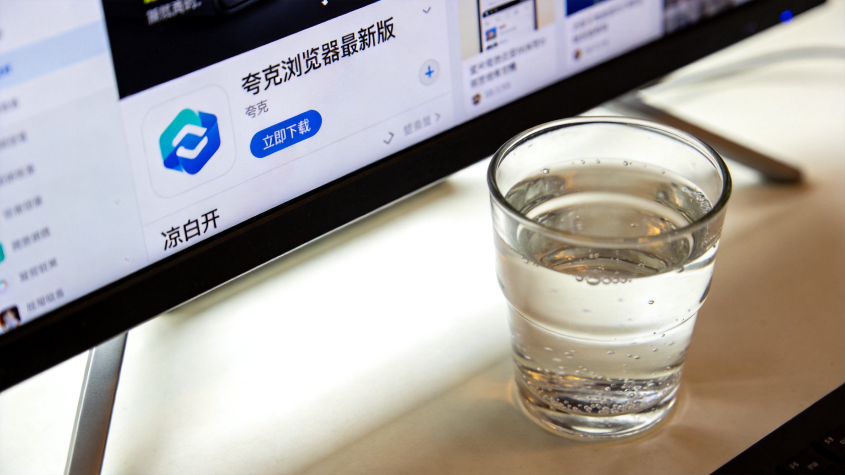 电脑桌面，屏幕显示应用商店里的夸克浏览器最新版下载页面，旁边放着半杯凉白开，室内自然光