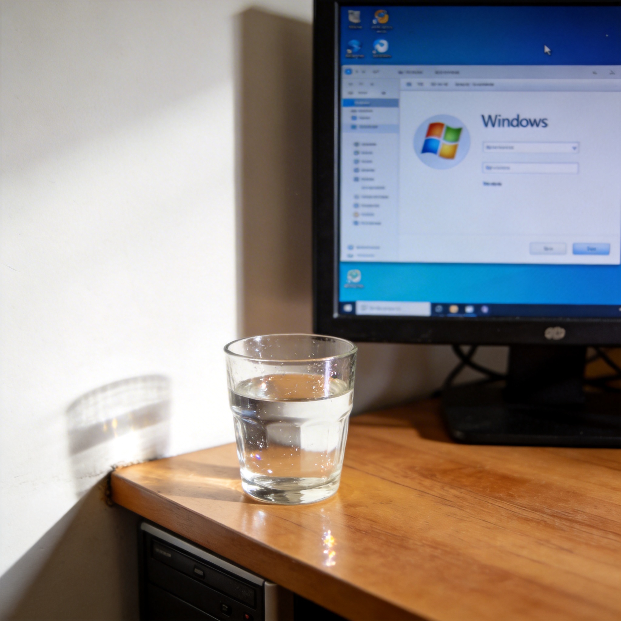 书桌上的主机，屏幕显示Windows设置界面，桌角放着水杯，自然光