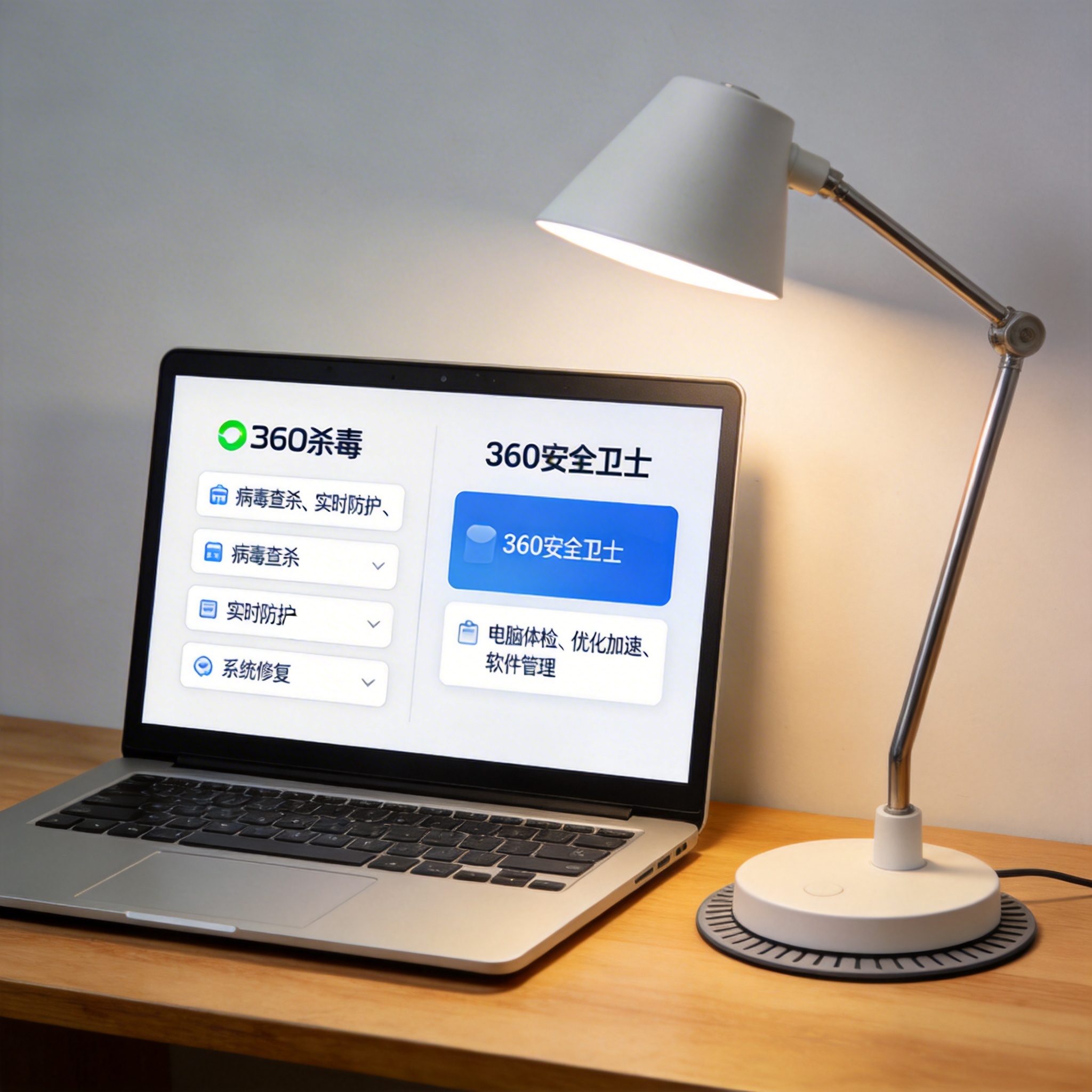 电脑桌上的电脑，屏幕显示360 杀毒和 360 安全卫士区别界面，旁边放着台灯