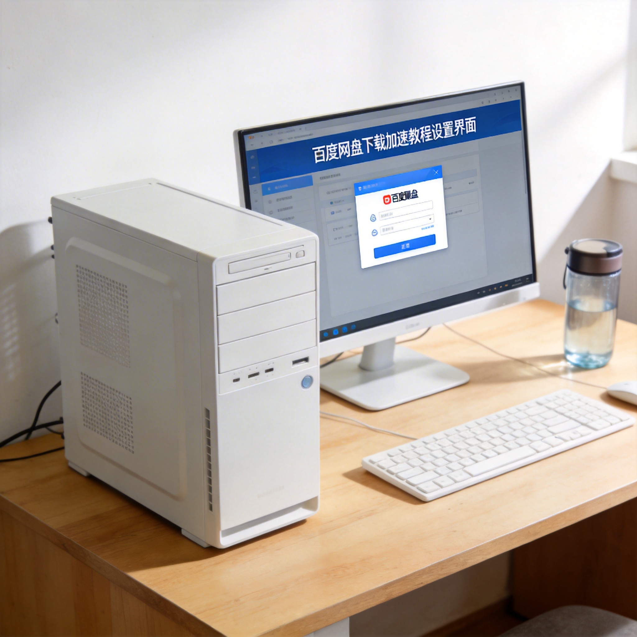 书桌上的主机，屏幕显示百度网盘下载加速教程设置界面，桌角放着水杯，自然光