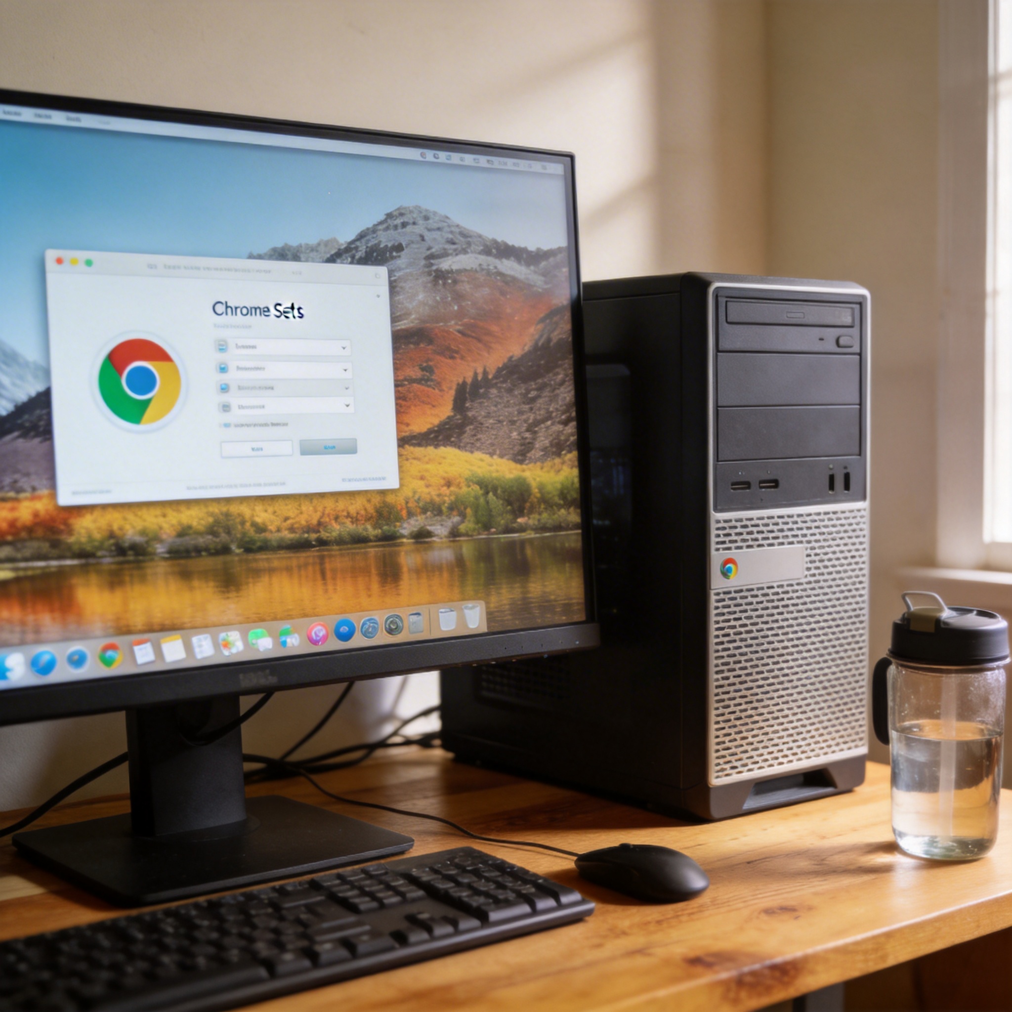 书桌上的主机，屏幕显示Chrome设置界面，桌角放着水杯，自然光