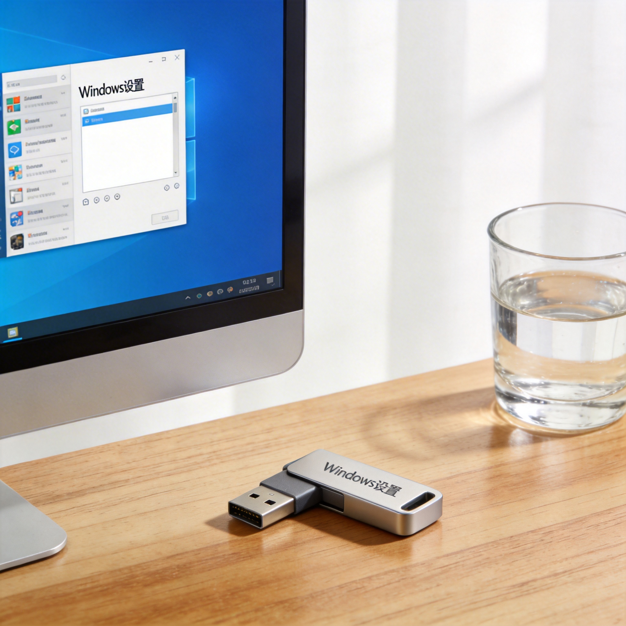 书桌上的U盘，屏幕显示Windows设置界面，桌角放着水杯，自然光