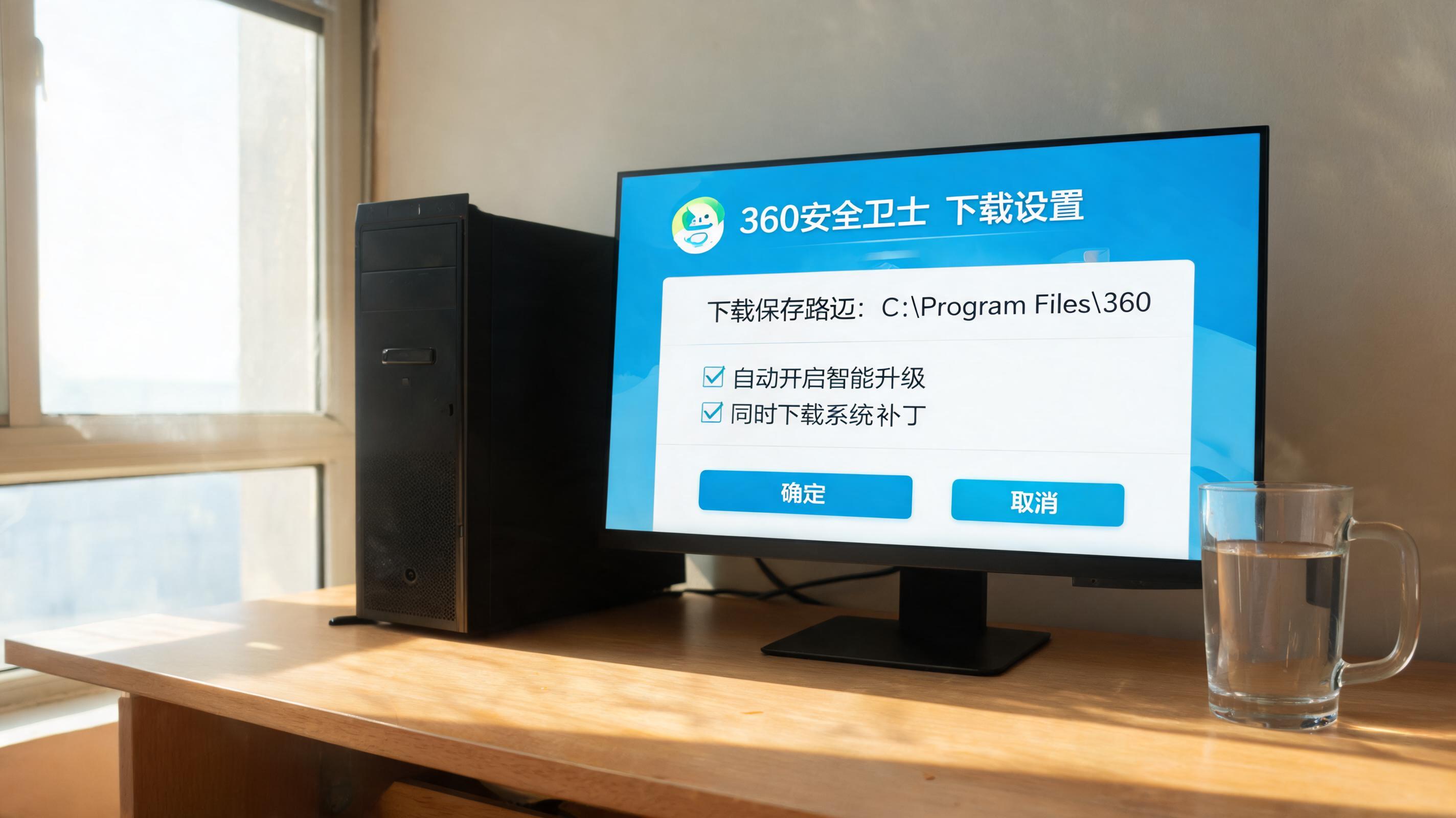 书桌上的主机，屏幕显示360 官方安全卫士下载设置界面，桌角放着水杯，自然光