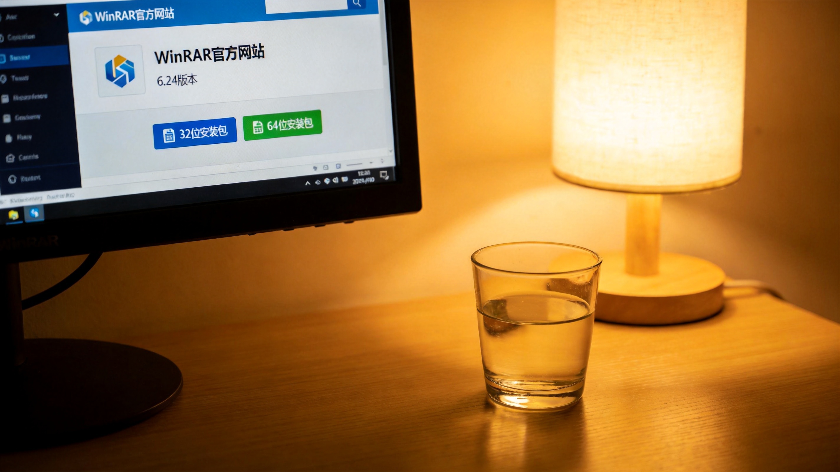 电脑屏幕显示winrar官方网站下载页面，页面上有6.24版本的32位、64位安装包选项，桌面角落摆着半杯温水，台灯暖光