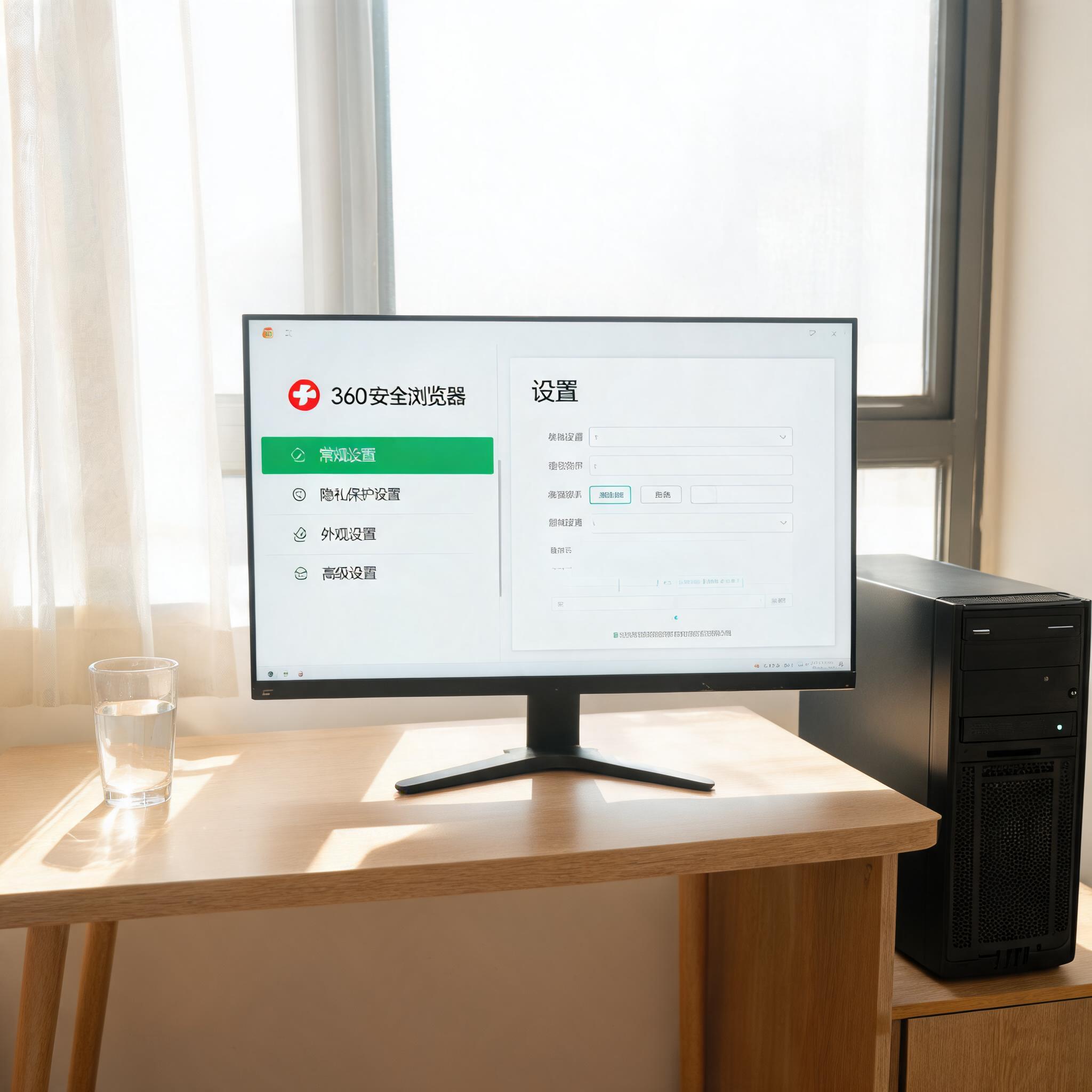 书桌上的主机，屏幕显示360 官方安全浏览器设置界面，桌角放着水杯，自然光