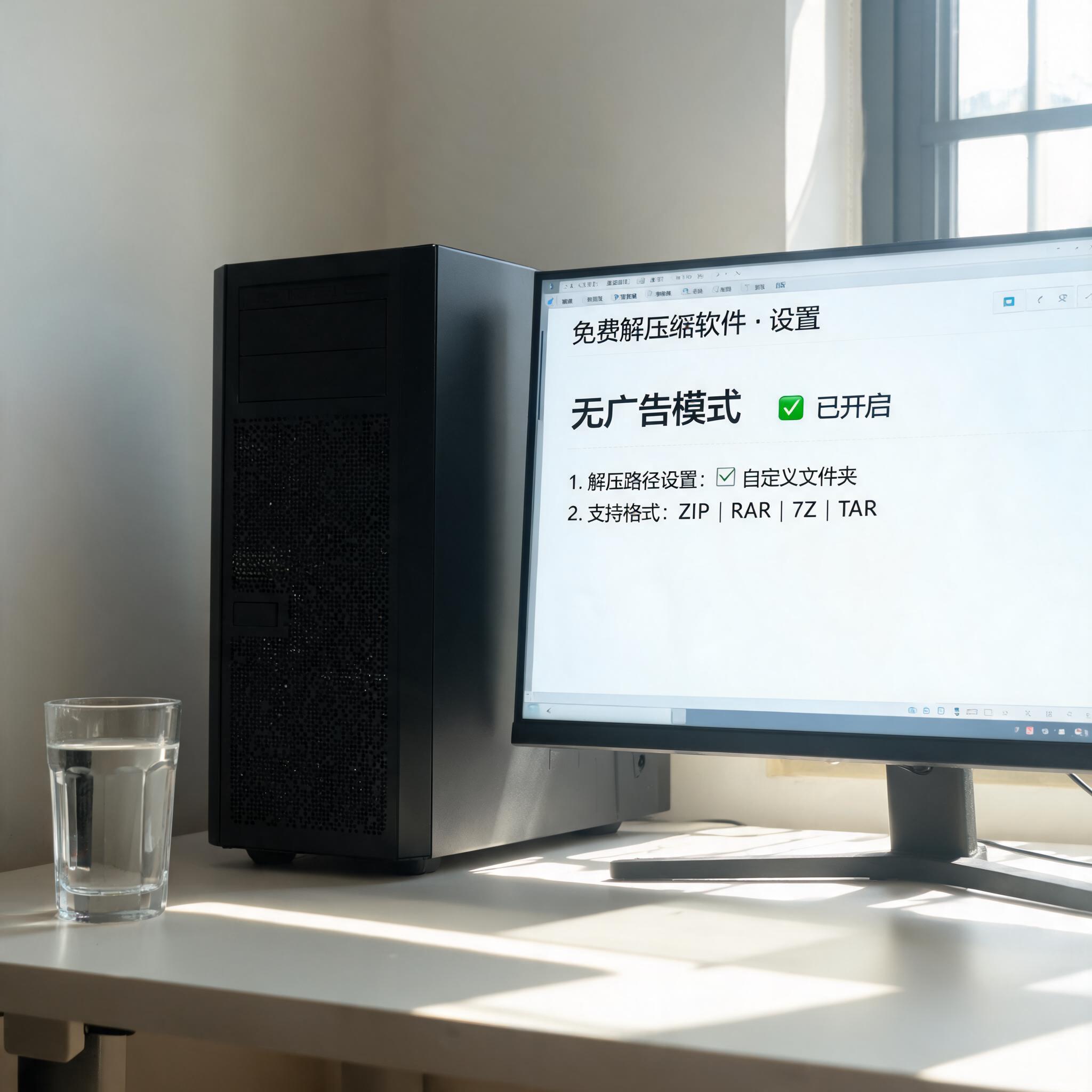 书桌上的主机，屏幕显示无广告解压缩软件免费设置界面，桌角放着水杯，自然光