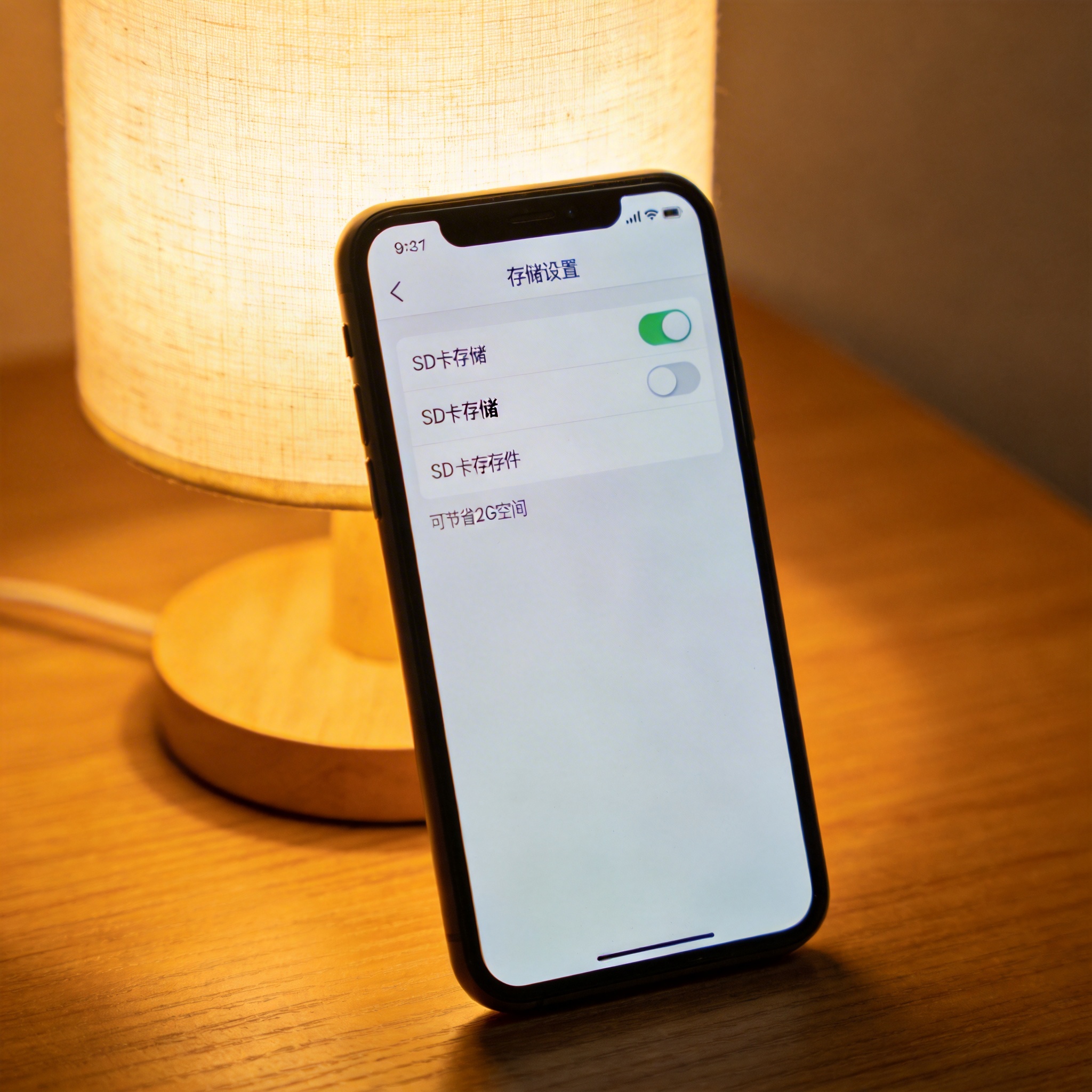 书桌上的智能手机，屏幕显示手机文件压缩解压缩软件的存储设置界面，选项切换为SD卡存储，下方标注可节省2G空间，台灯暖光