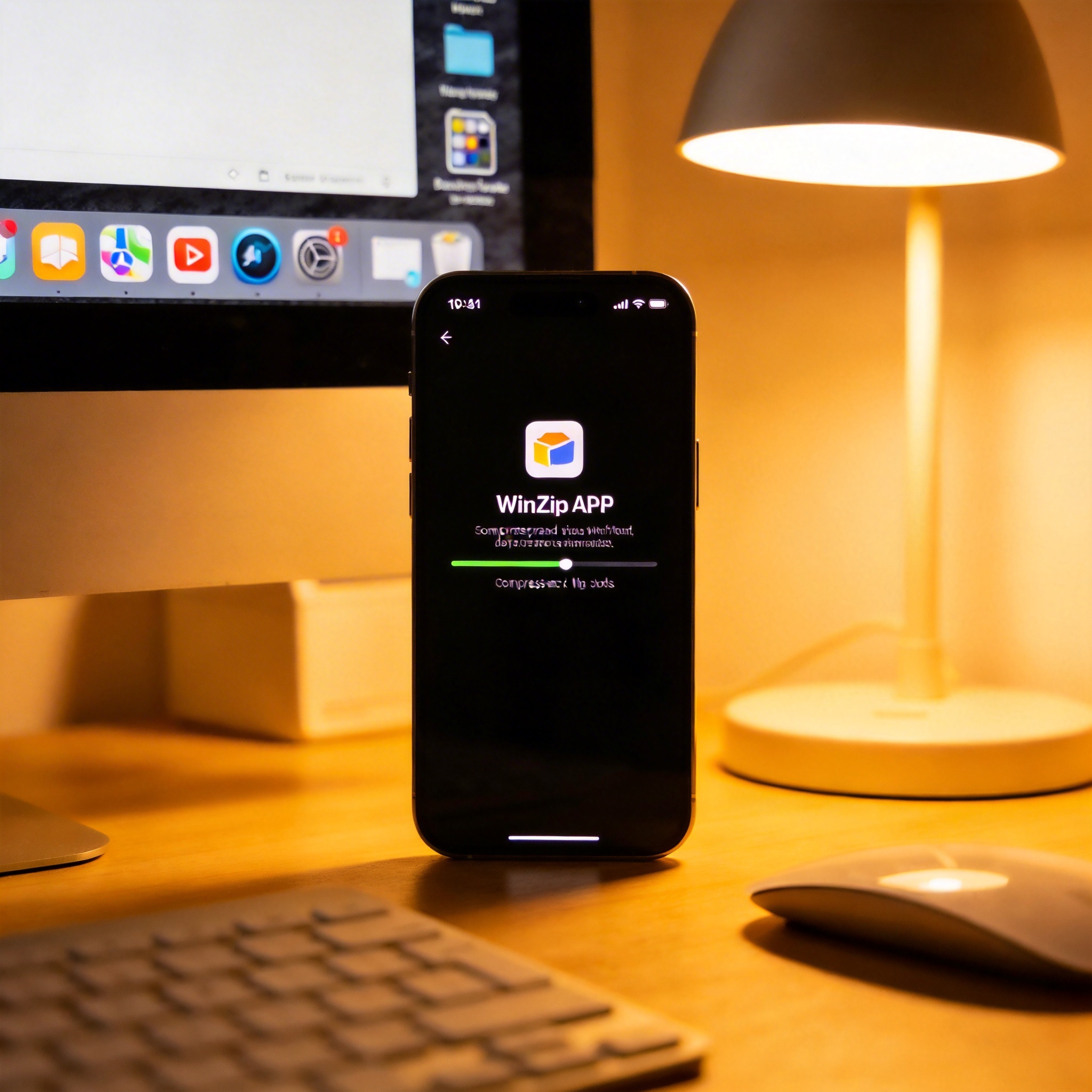 电脑桌的苹果手机，屏幕显示WinZipAPP的解压缩进度条，桌面快捷文件夹里有解压类APP，台灯暖光