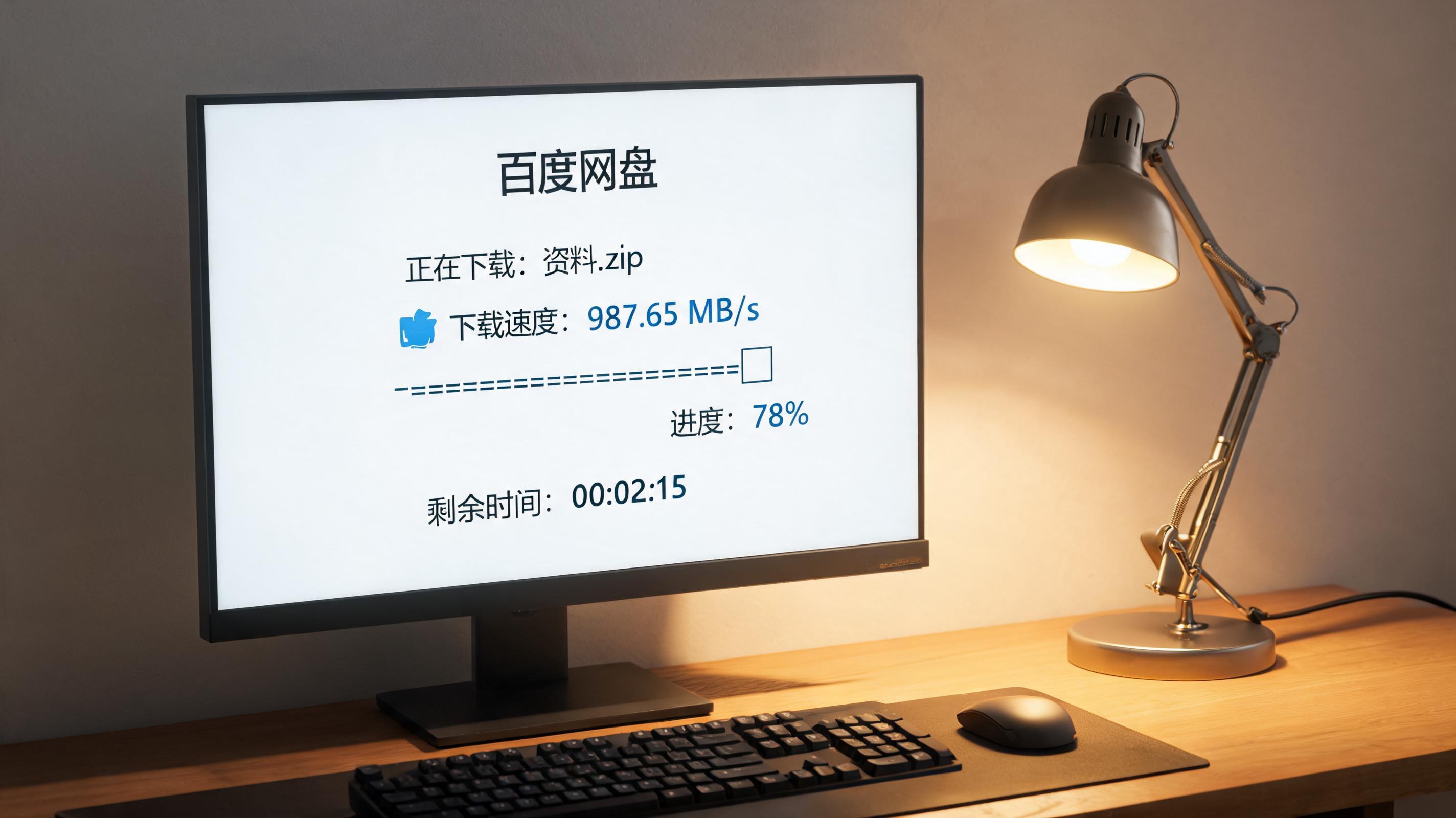 电脑桌上的电脑，屏幕显示百度网盘高速下载真实速度界面，旁边放着台灯