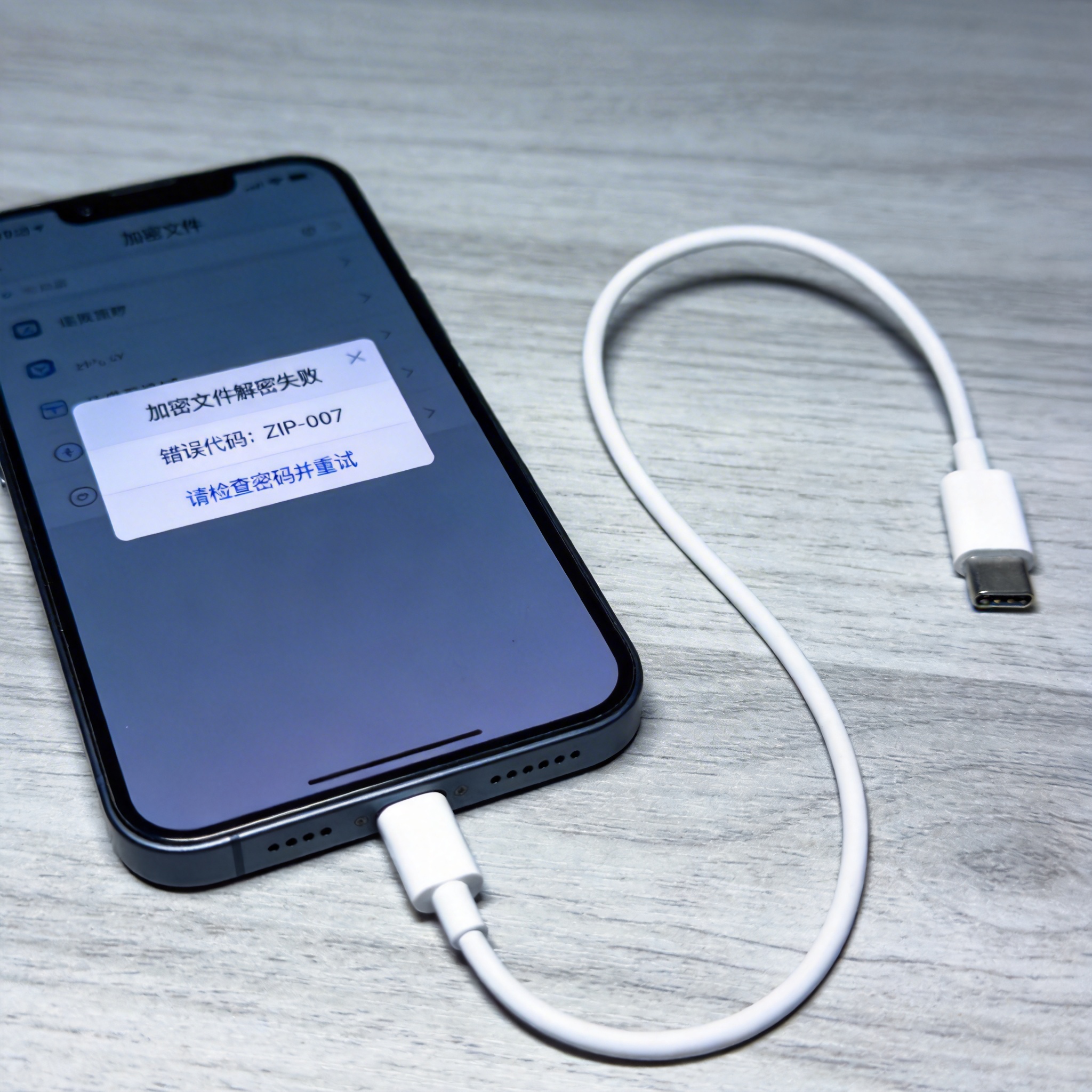 桌面安卓手机，屏幕显示zip解压缩工具的加密文件解密失败提示窗口，手机旁放着充电线，台灯冷白光