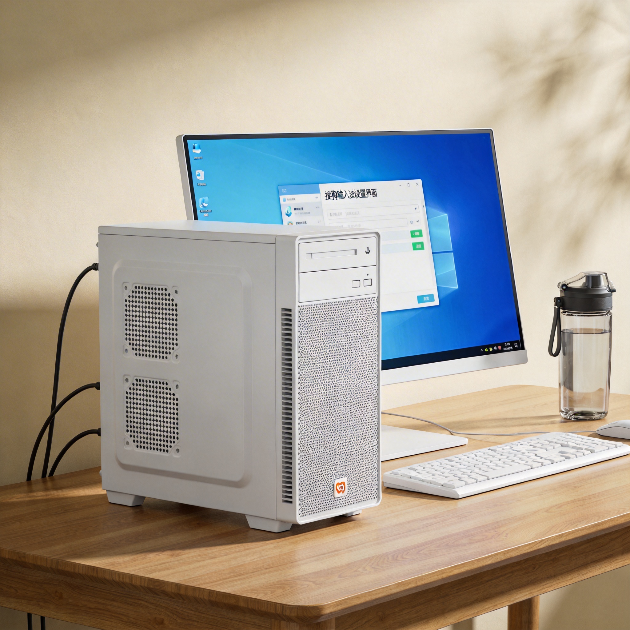 书桌上的主机，屏幕显示搜狗输入法设置界面，桌角放着水杯，自然光
