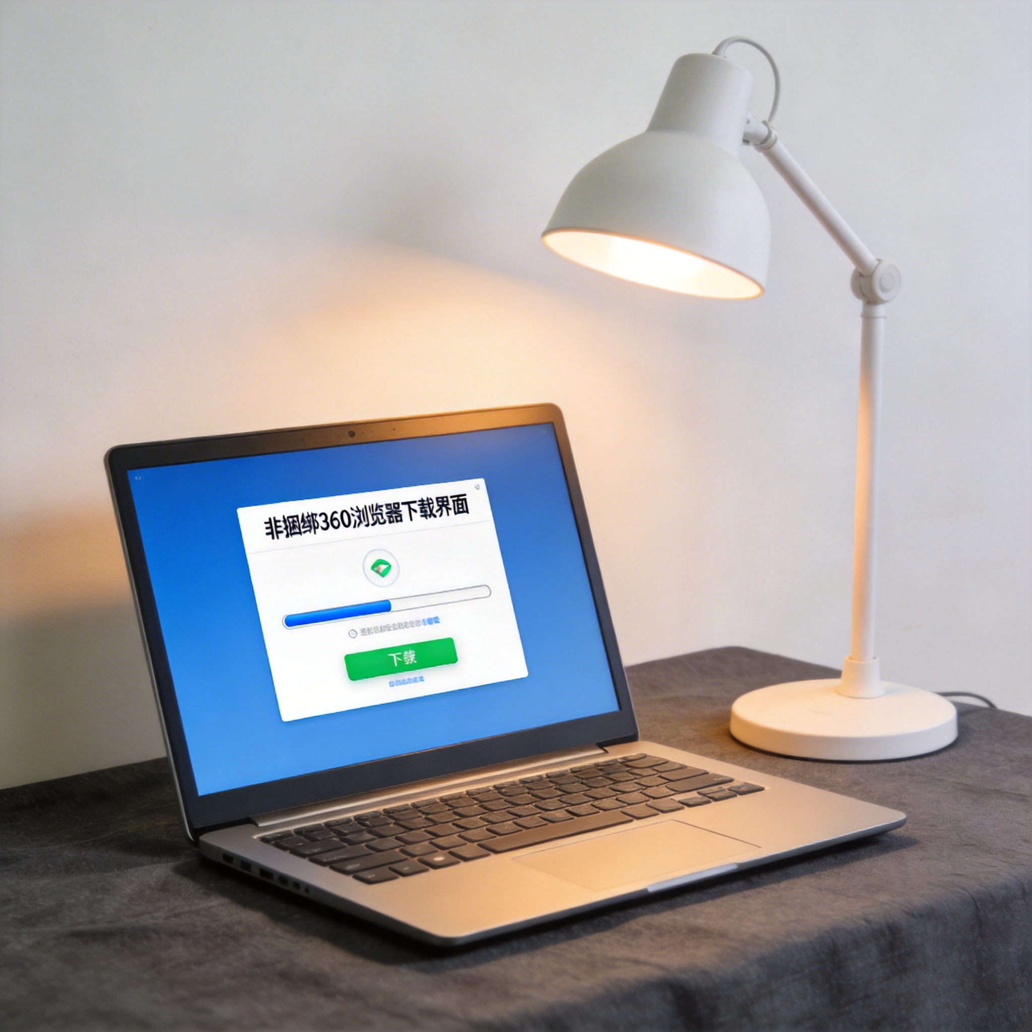电脑桌上的电脑，屏幕显示非捆绑 360 浏览器下载界面，旁边放着台灯