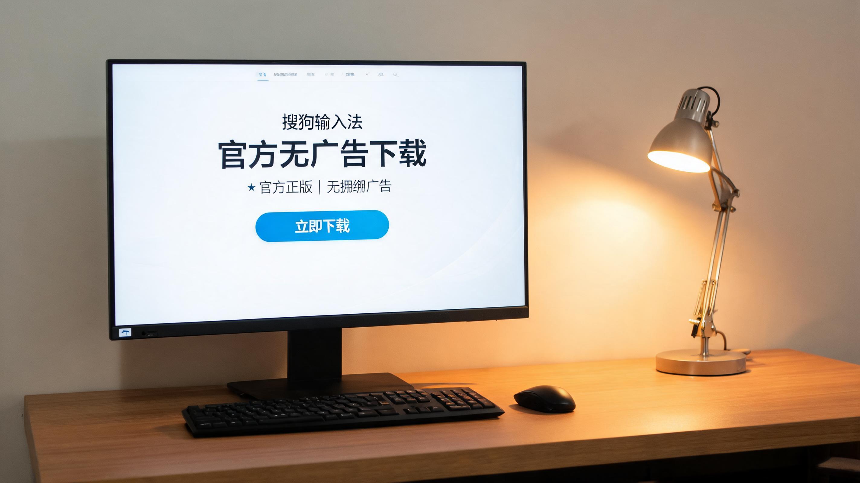 电脑桌上的电脑，屏幕显示搜狗输入法无广告官方下载界面，旁边放着台灯