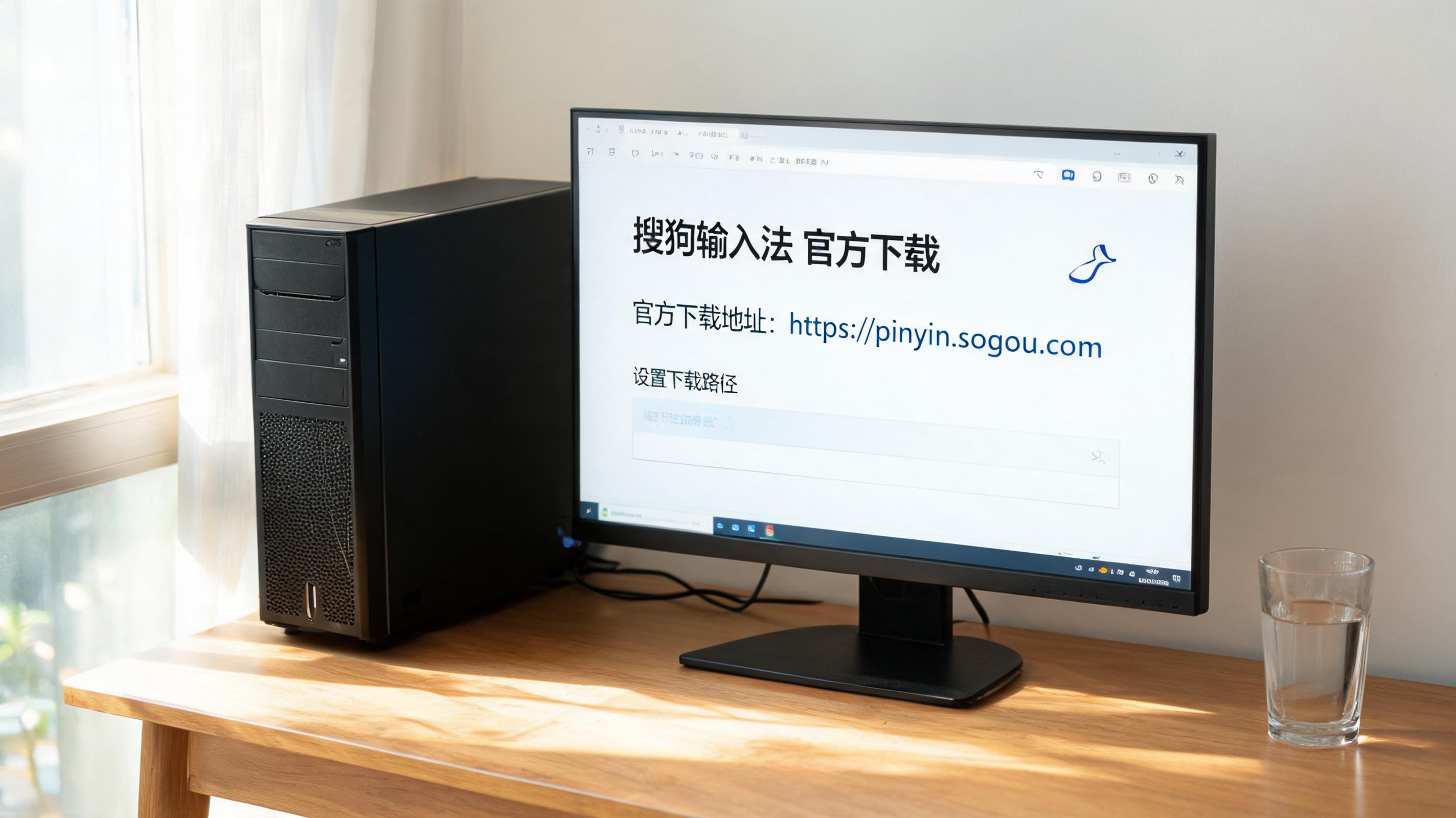 书桌上的主机，屏幕显示搜狗输入法官方下载地址设置界面，桌角放着水杯，自然光