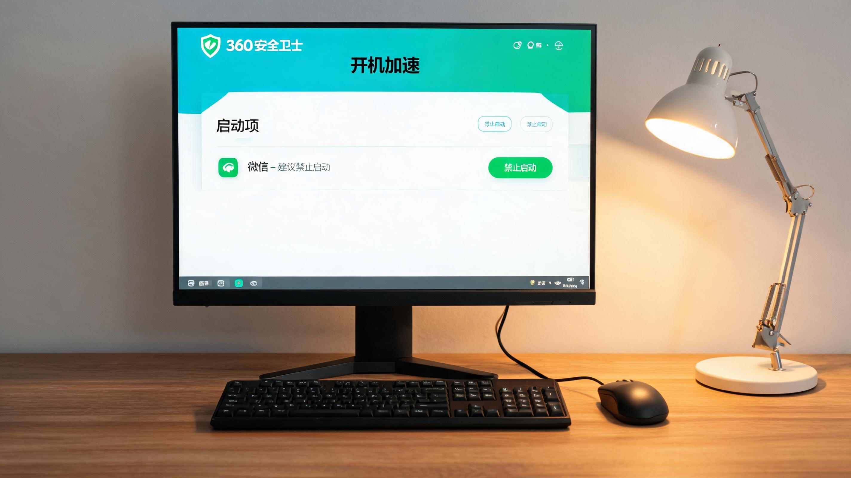电脑桌上的鼠标，屏幕显示360 安全卫士开机加速设置屏幕，旁边放着台灯