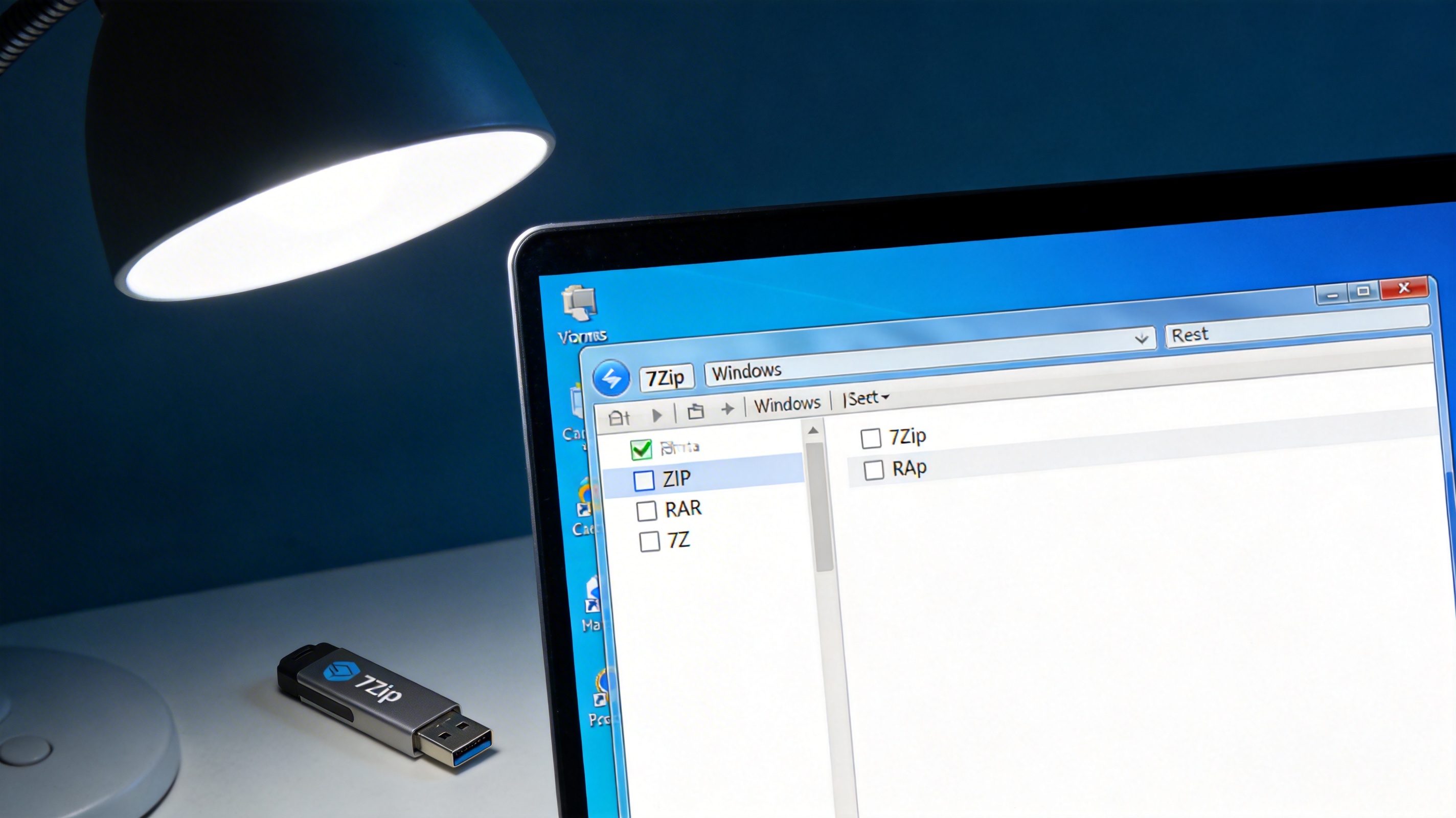 Windows系统的电脑桌面，屏幕显示7Zip软件的格式关联设置窗口，勾选了ZIP、RAR、7Z选项，桌面角落放着U盘，台灯冷光