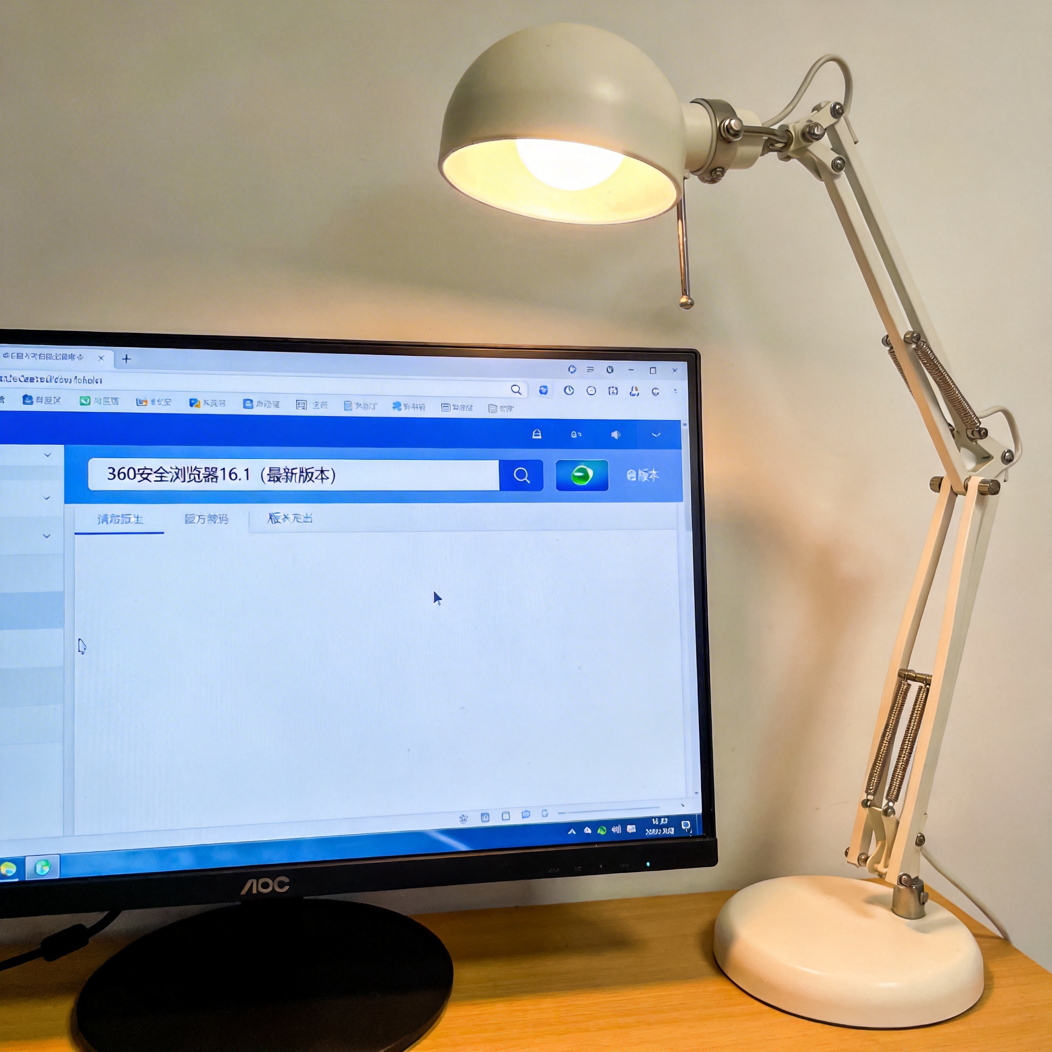 电脑桌上的电脑，屏幕显示360 安全浏览器最新版本界面，旁边放着台灯
